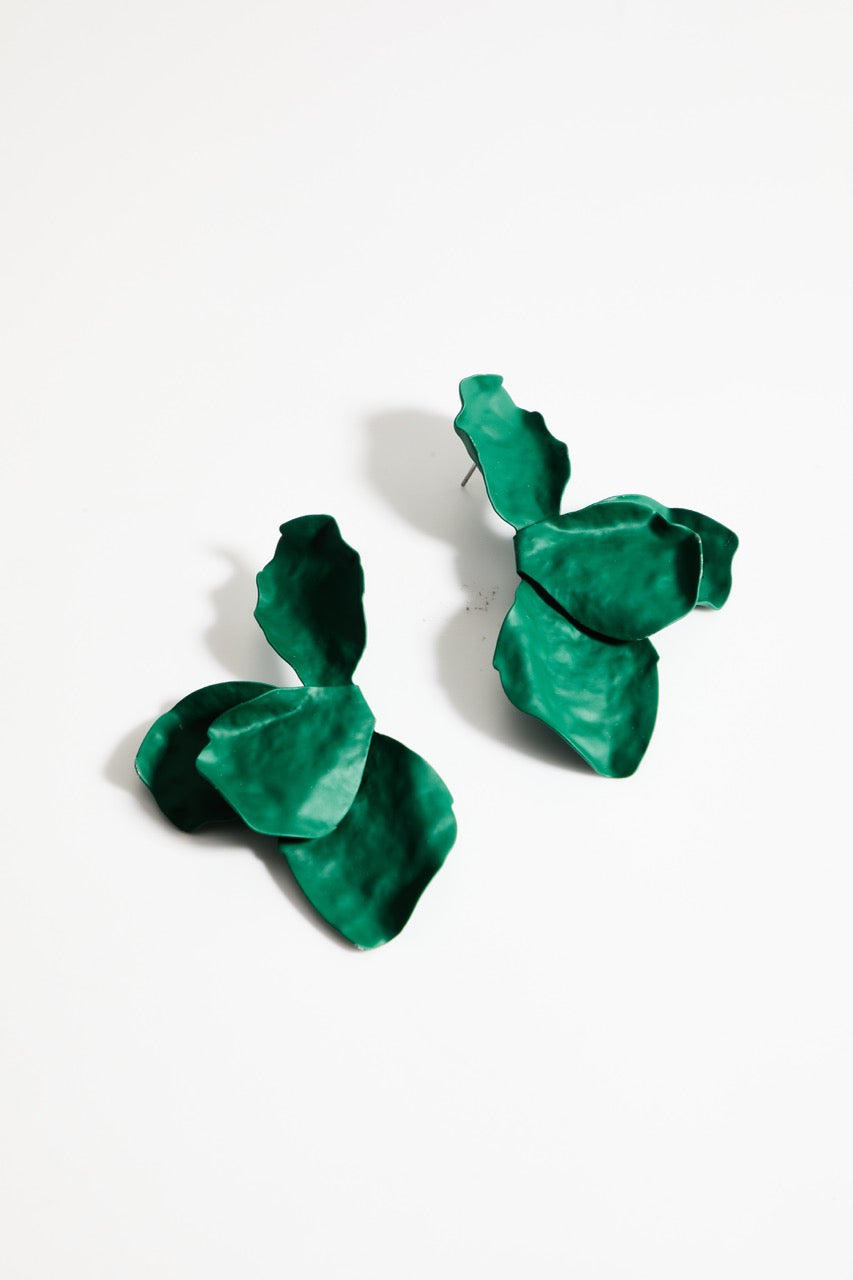 Dark green coated metal flower petal drop earrings pair