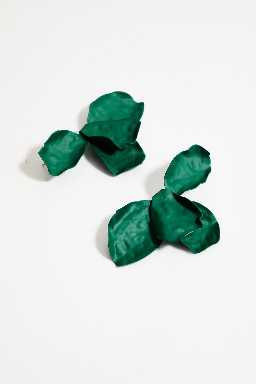 Dark green coated metal flower petal drop earrings pair