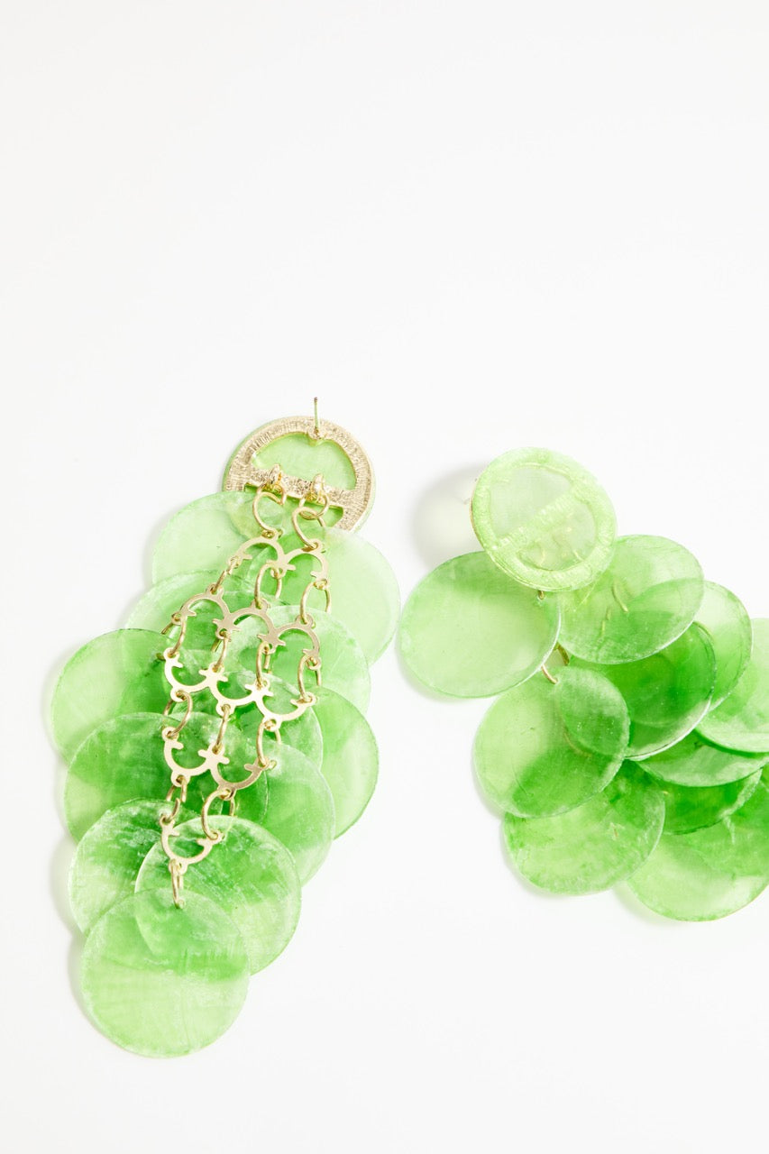 Gold-plated green drop earrings with shell-like discs