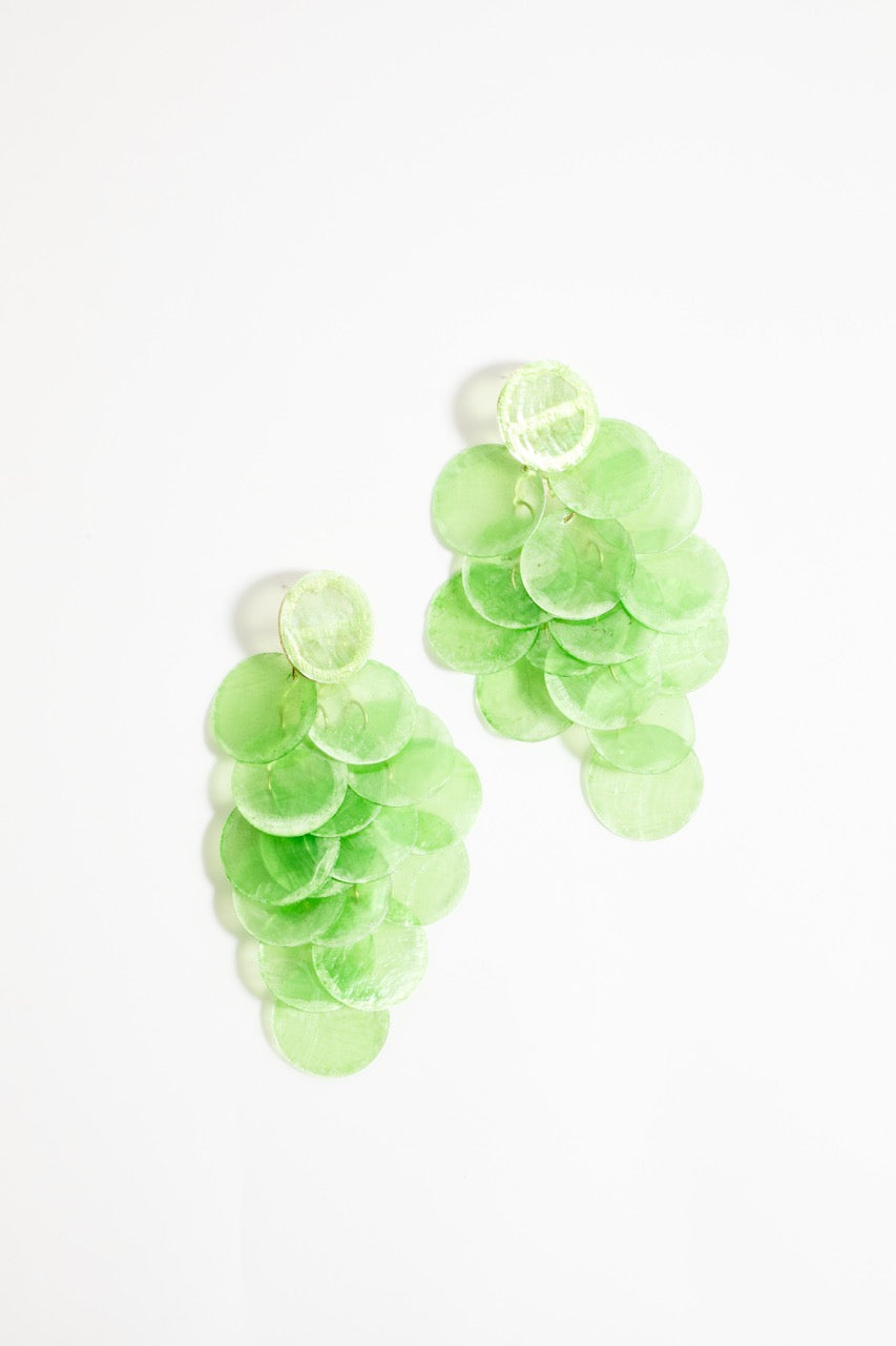 Gold-plated green drop earrings with shell-like discs