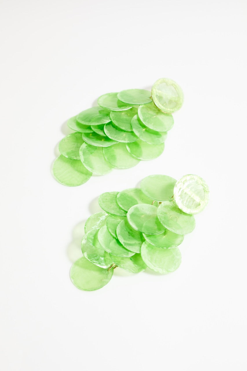 Gold-plated green drop earrings with shell-like discs