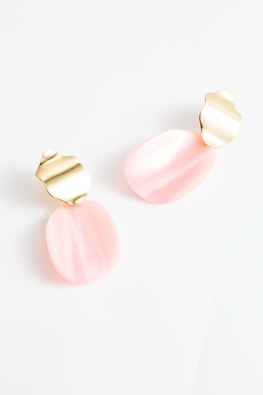 Gold & Pink Oval Drop Earrings