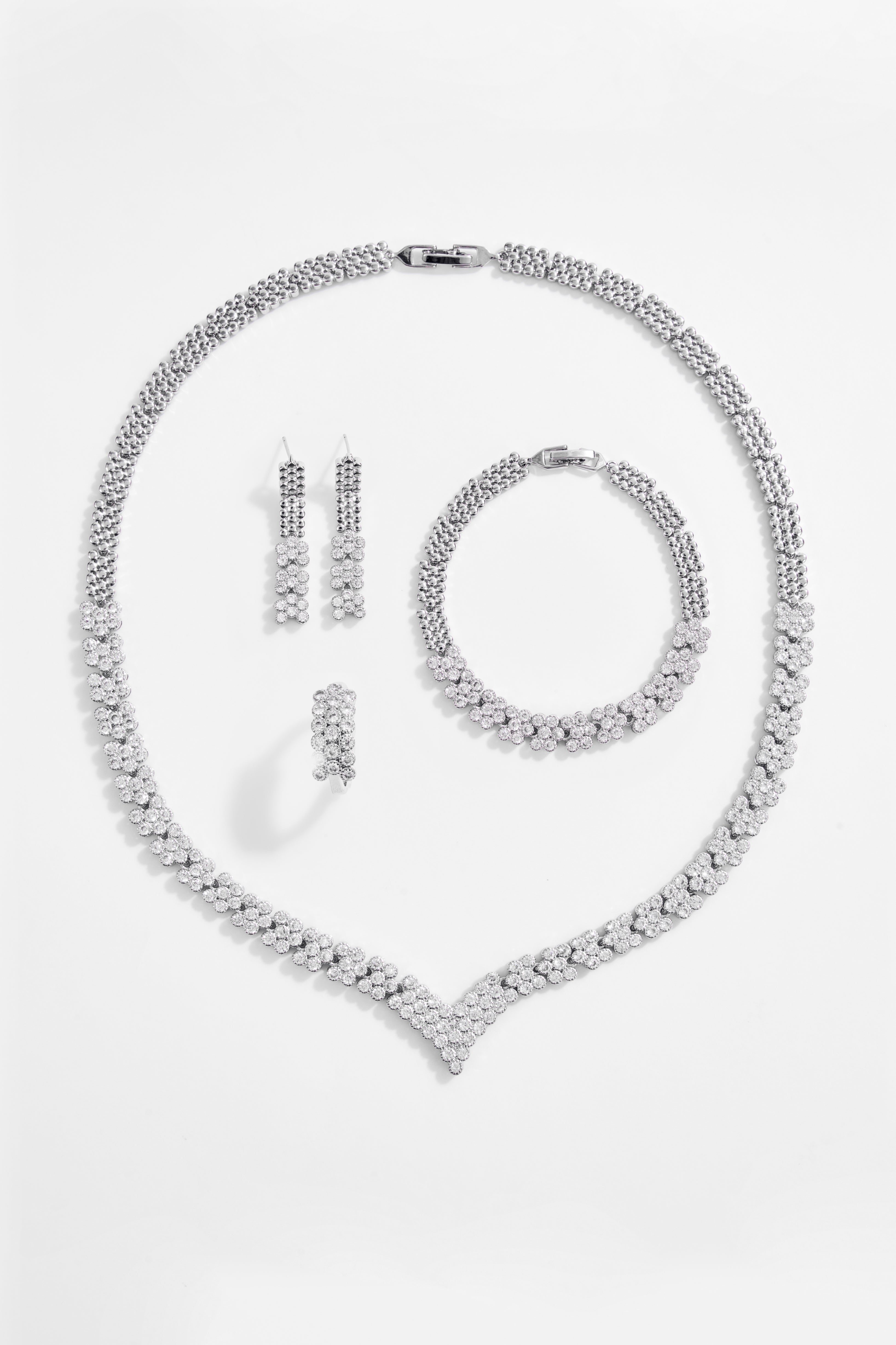 Silver-Toned CZ Floral Cluster Full Jewelry Set of 4