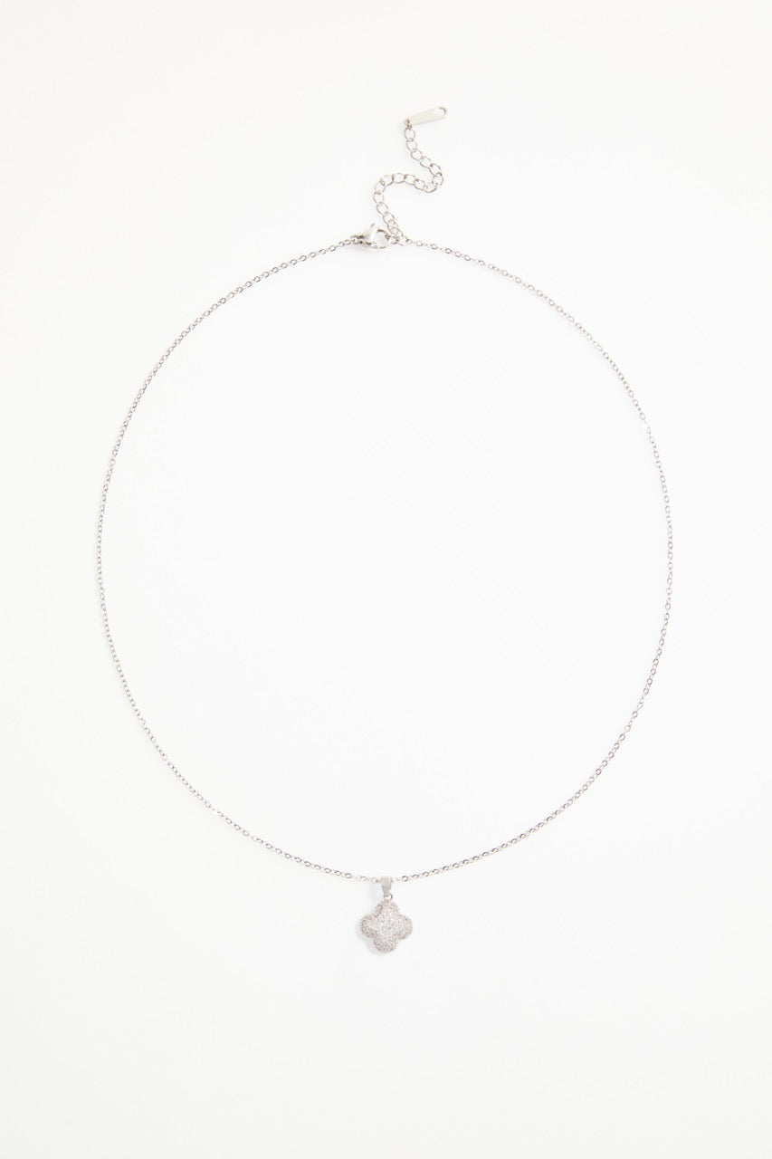 Silver-Plated CZ Floral Pendant Necklace & Earrings Set for Women