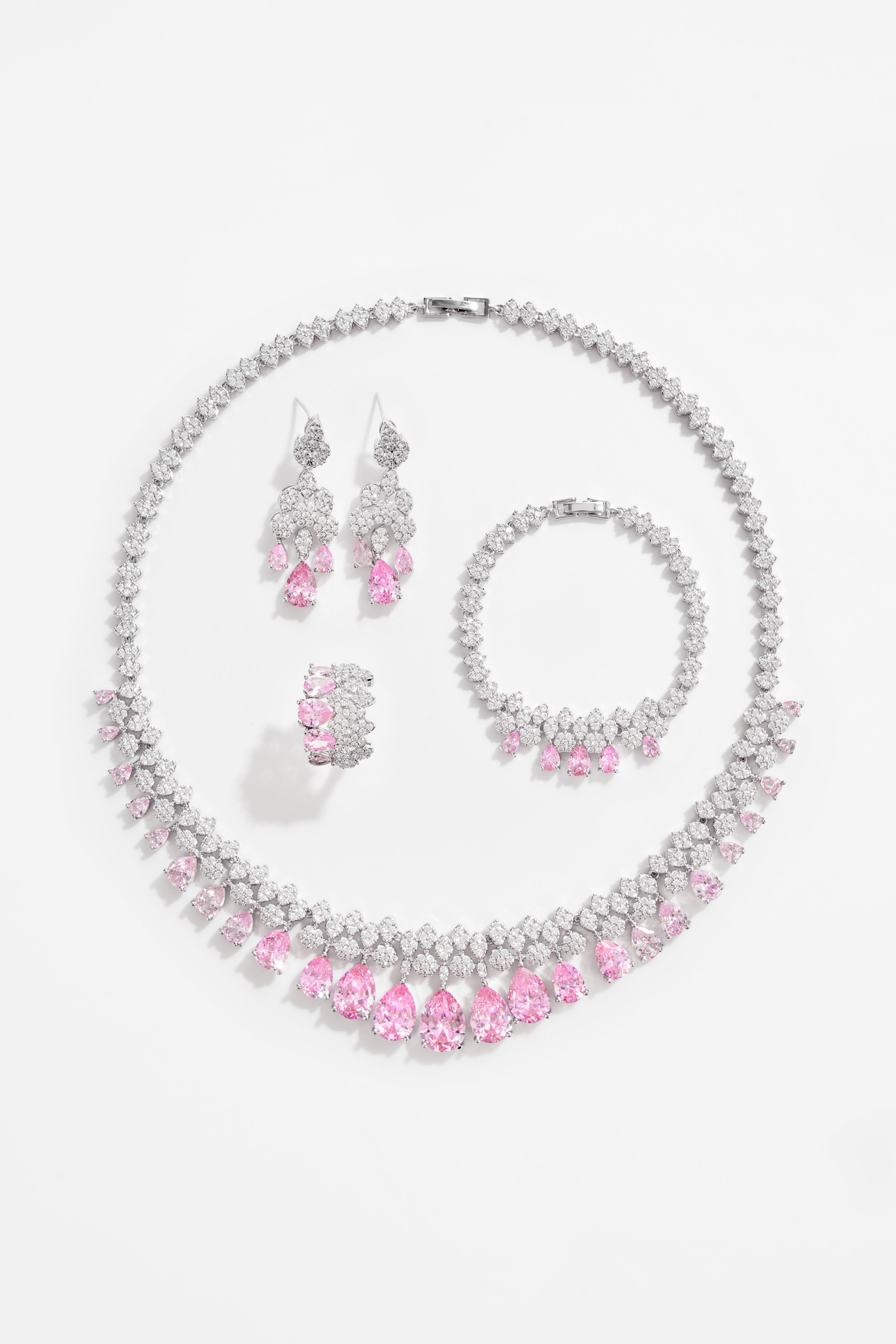 Rhodium-Plated Pink AD & CZ Full Jewelry Set of 4
