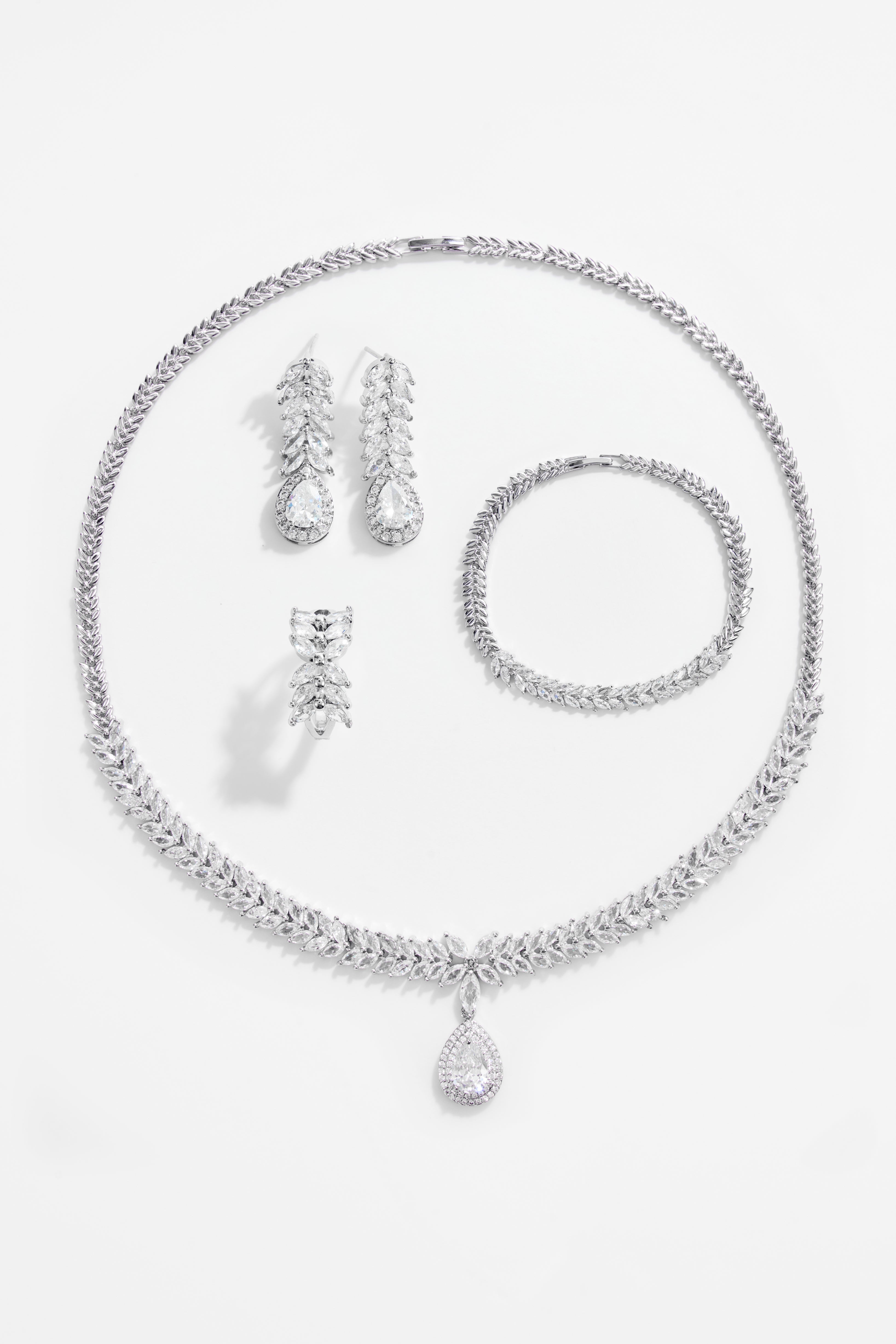 Silver-Plated Leaf Teardrop CZ Choker Necklace & Earrings Set of 4