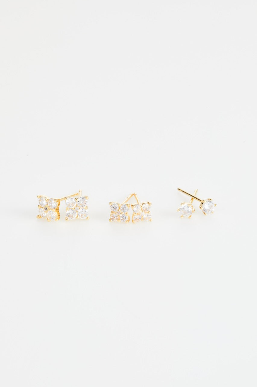 Gold-Plated Four-Crystal Clover Stud Earrings set of 3 for Women