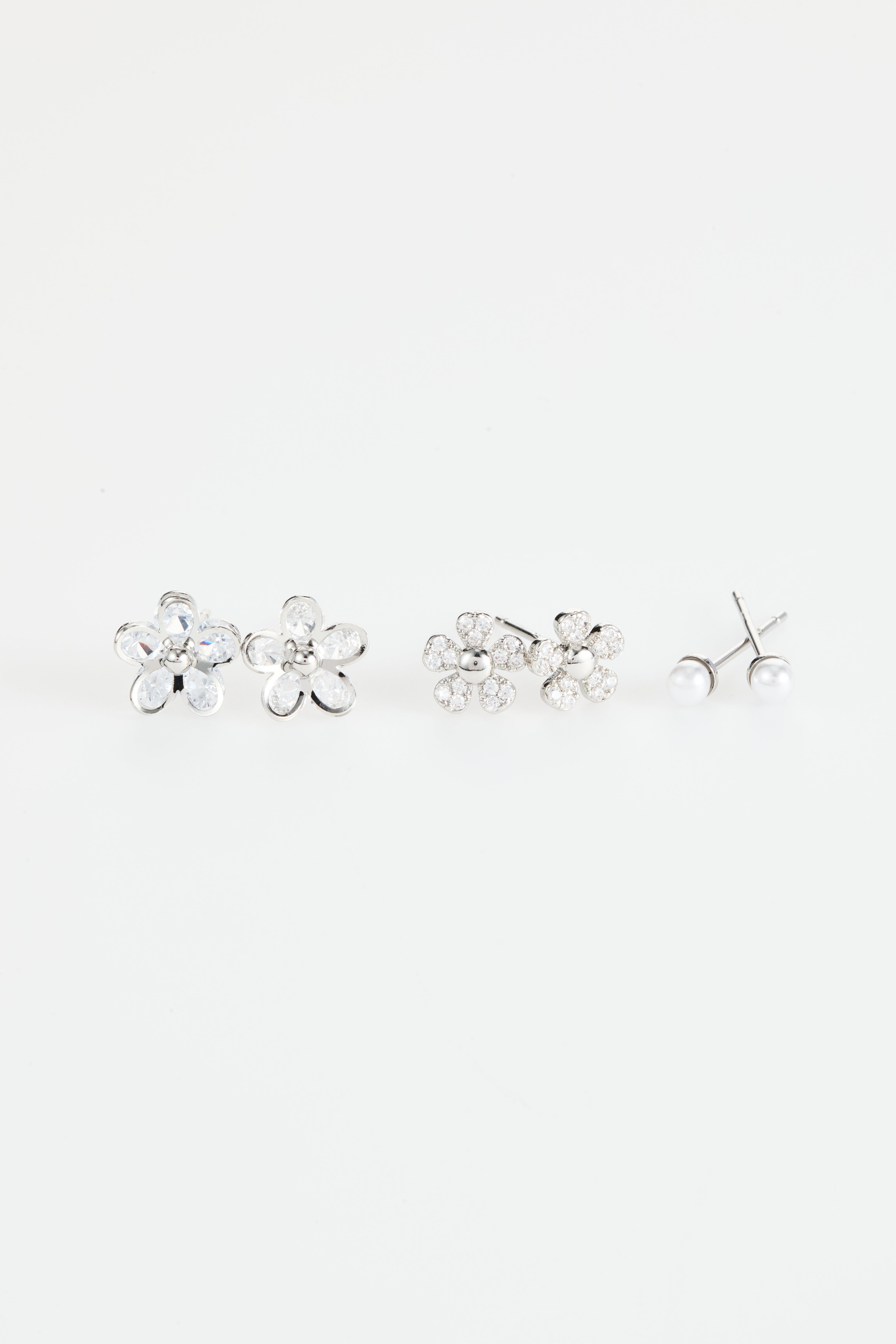 Silver-Plated CZ flowe rccent and Pearl Earrings set of 3 for Women