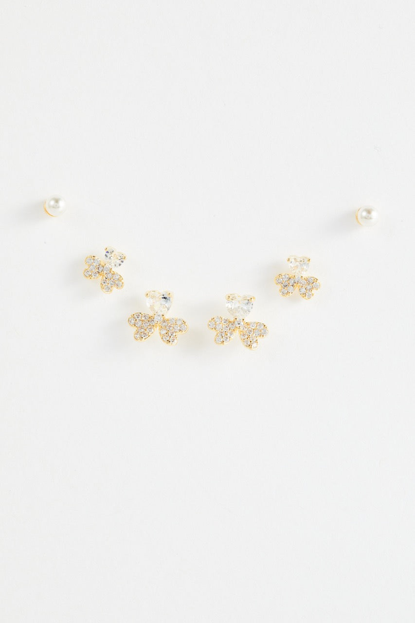 Gold-Plated CZ Heart, Flower & Pearl Stud Earring Set of 3 for Women