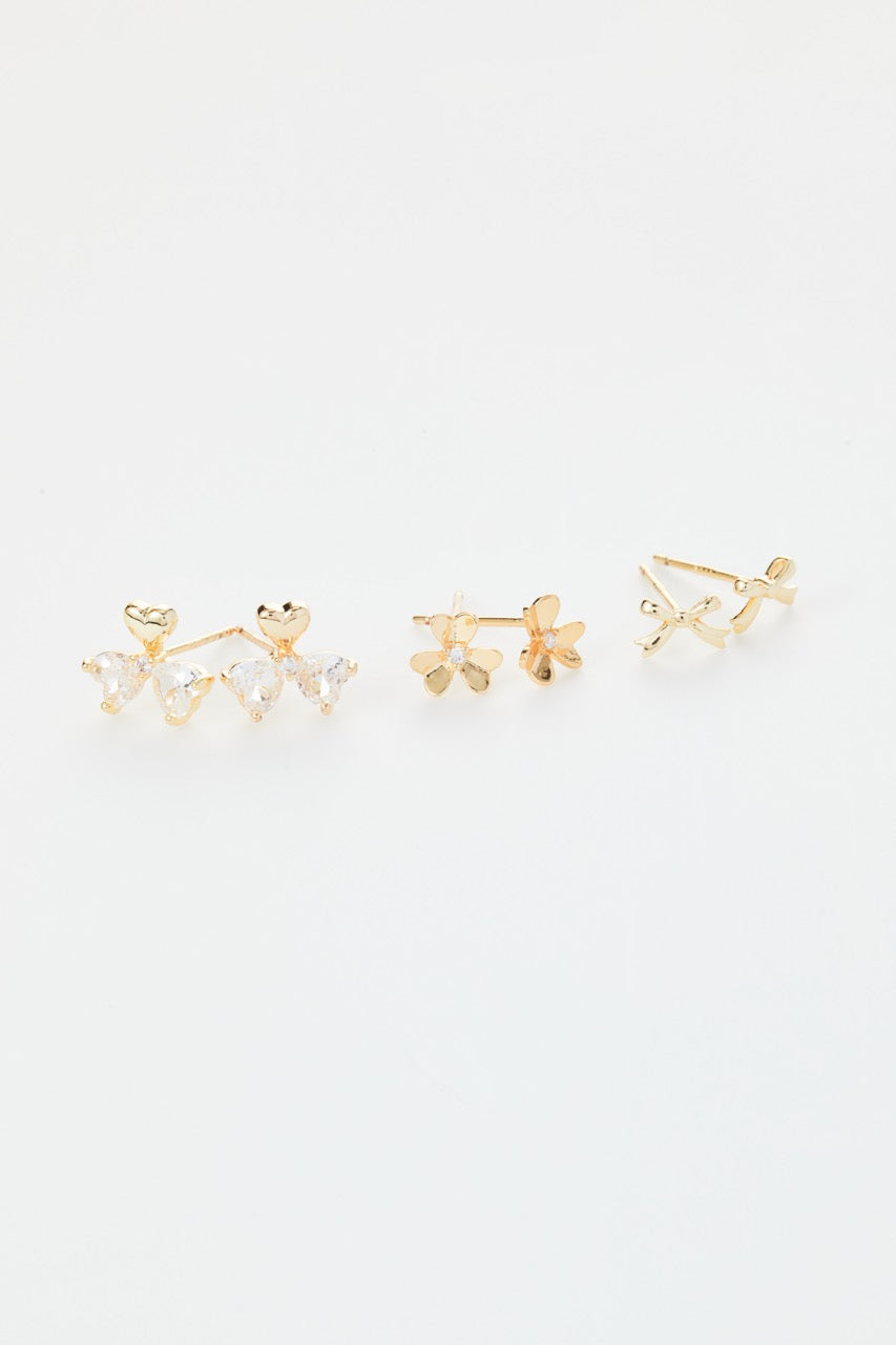 Gold-Plated CZ Flower Stud & Bow Earrings set of 3 for Women