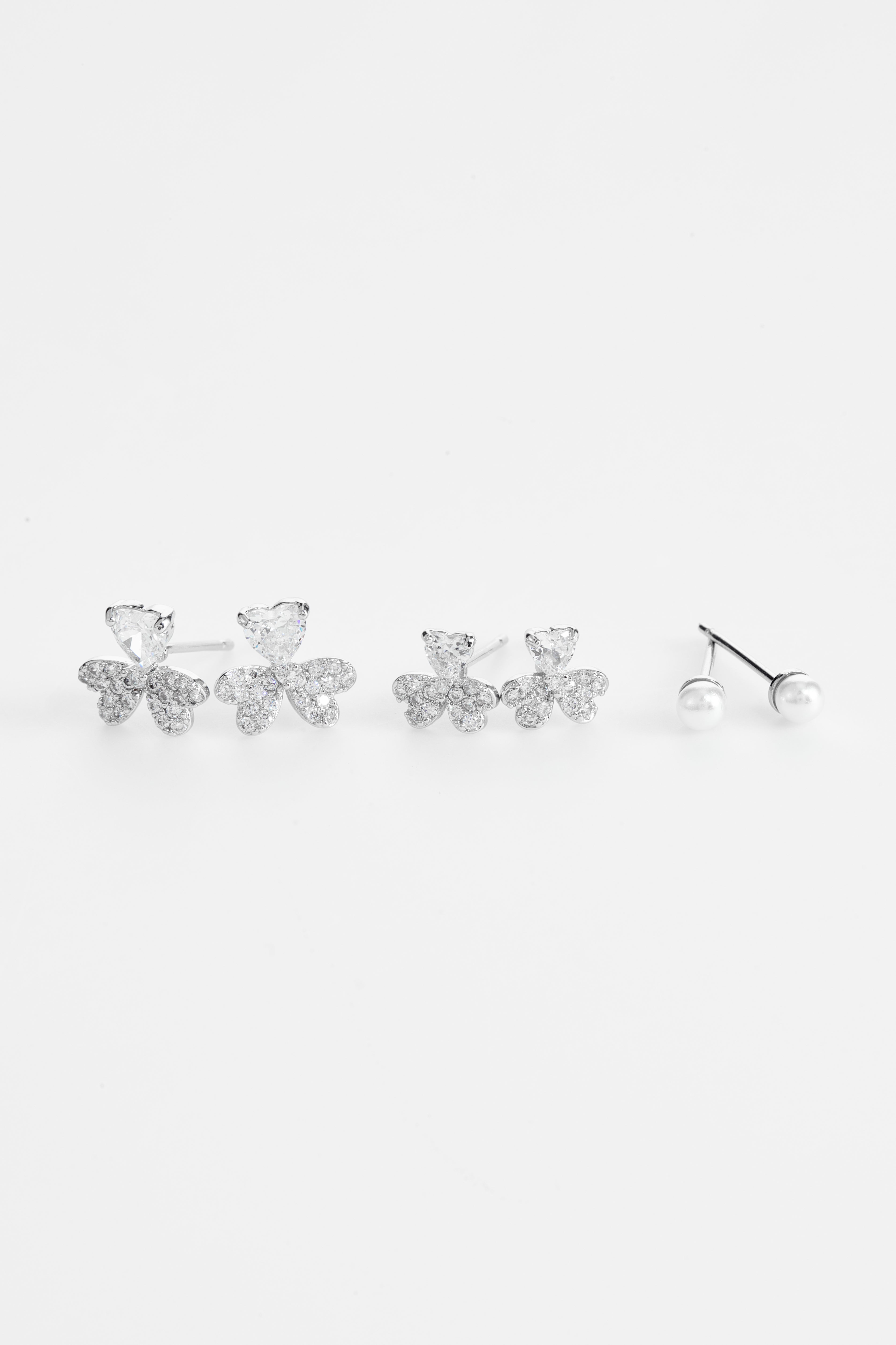Silver-Plated Butterfly/Clover & Pearl Stud Earring Set of 3 for Women