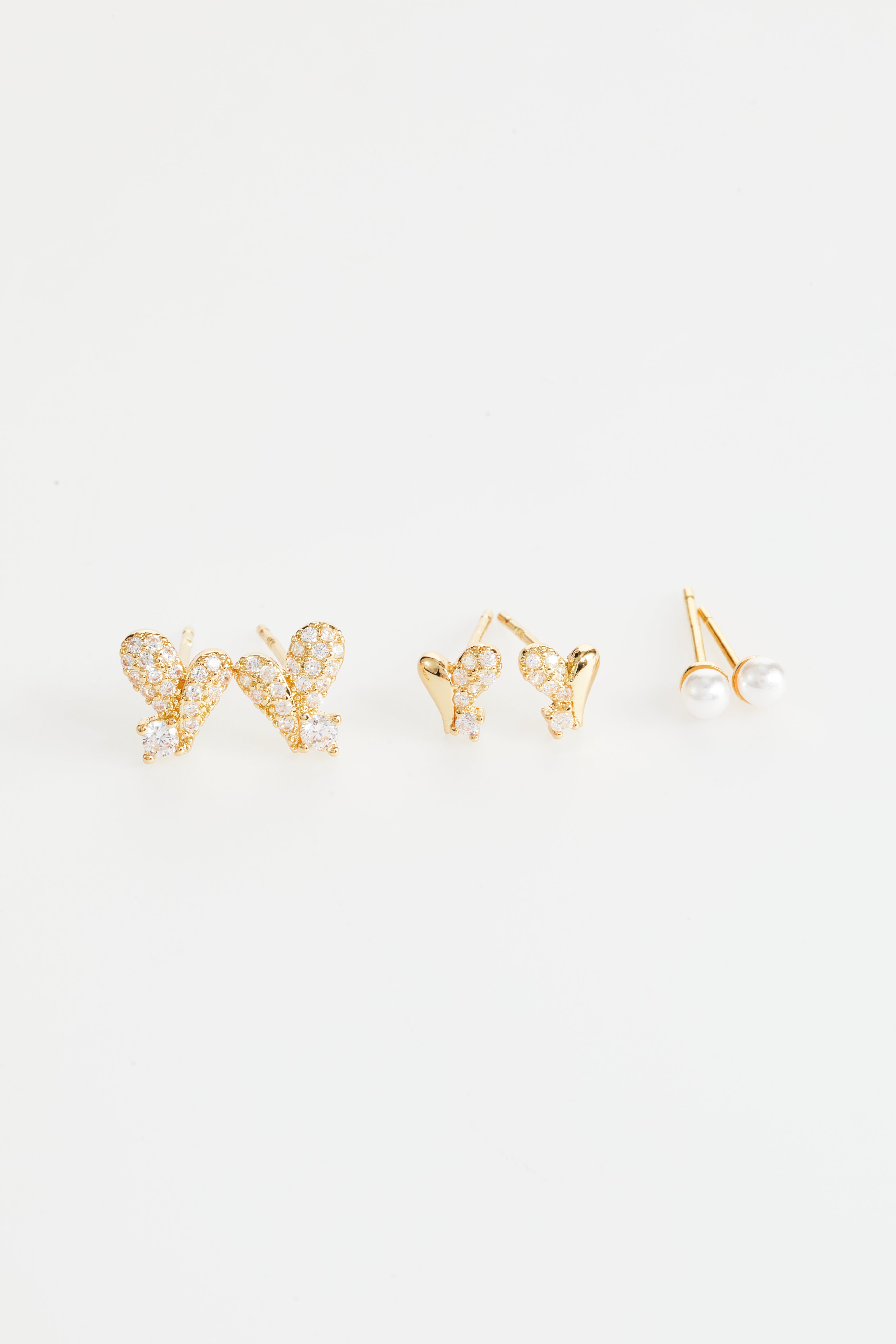 Gold-Plated CZ Heart and Pearl Stud Earring Set of 3 for Women