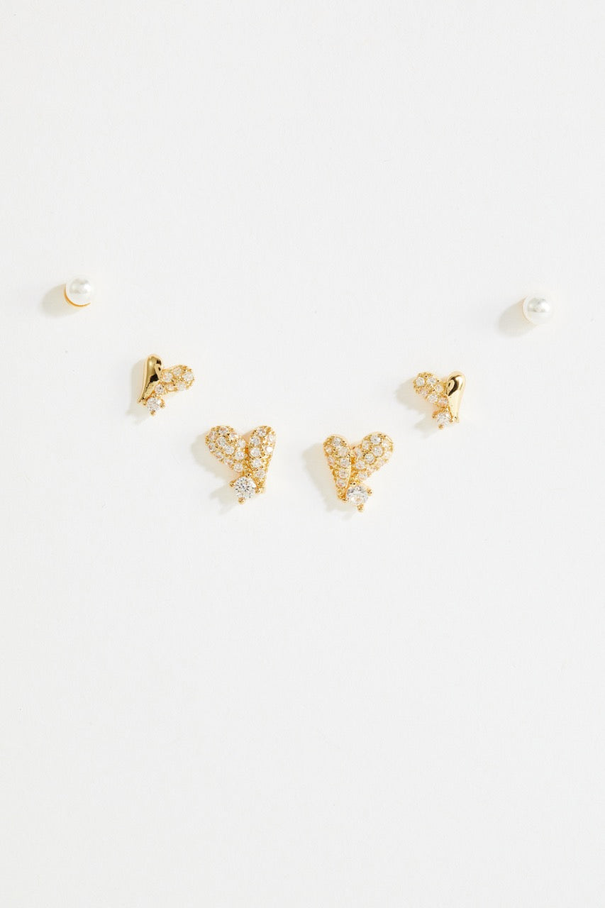 Gold-Plated CZ Heart and Pearl Stud Earring Set of 3 for Women
