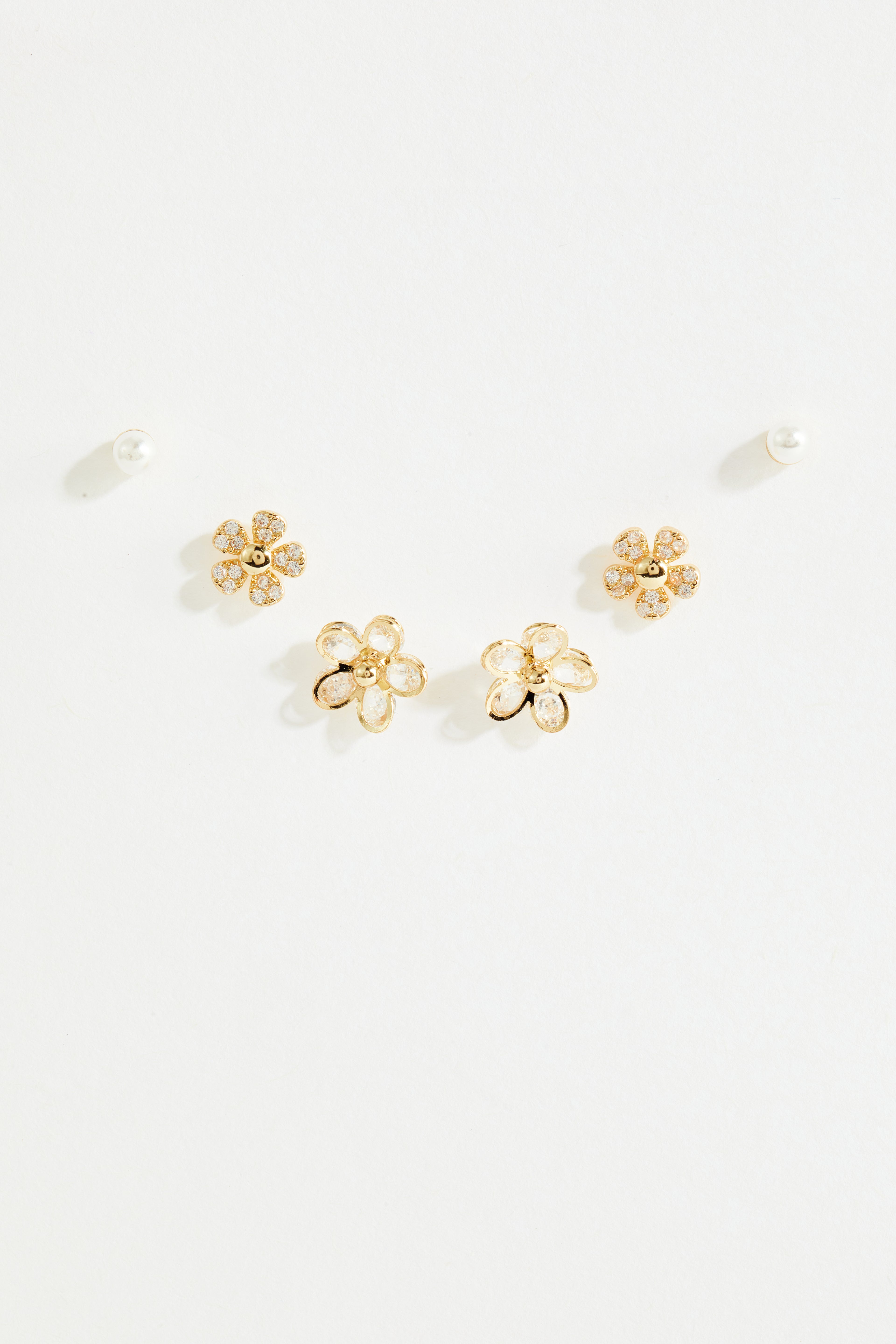 Gold-Plated Flower & Pearl Stud Earring Set of 3 for Women