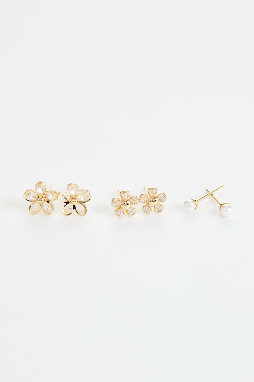 Gold-Plated Flower & Pearl Stud Earring Set of 3 for Women