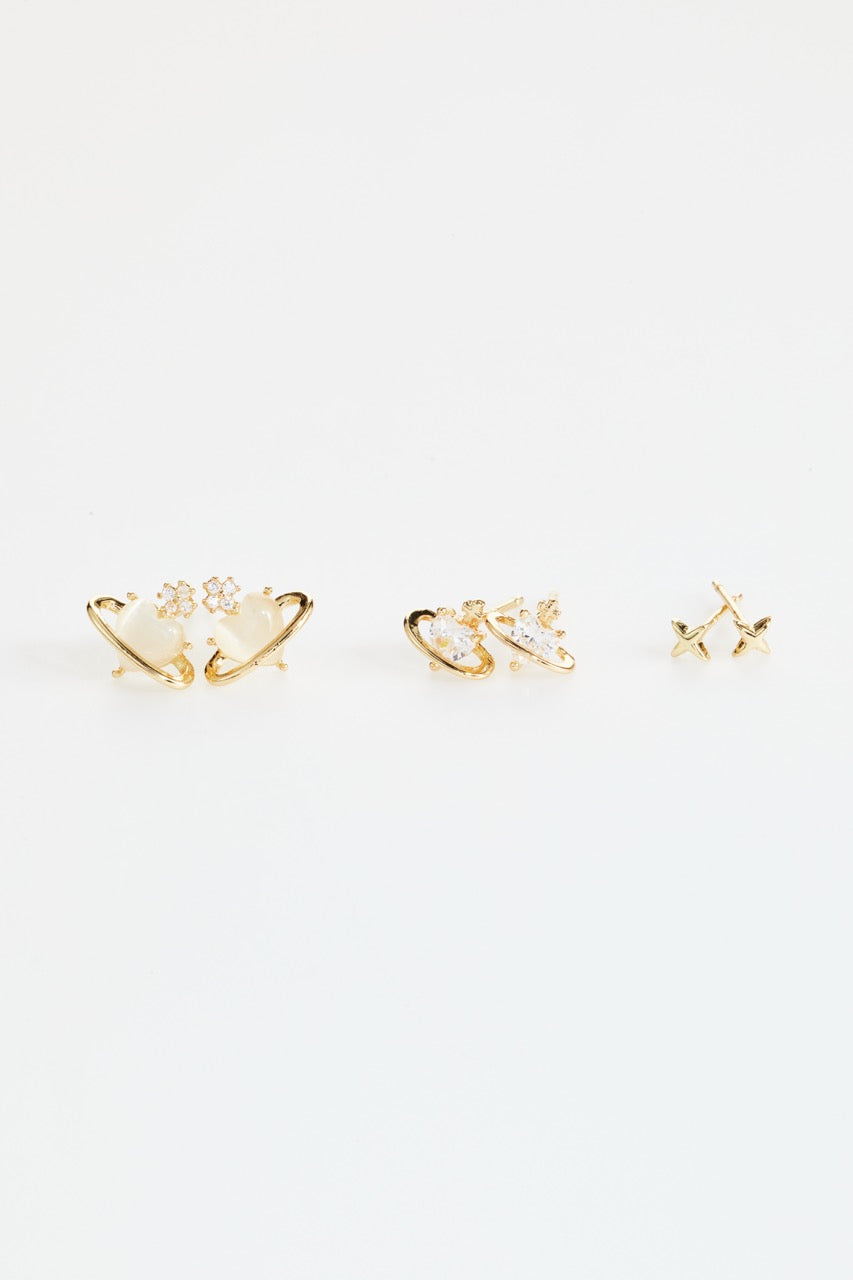 Gold-Plated Orb Heart in CZ Earrings set of 3 for Women