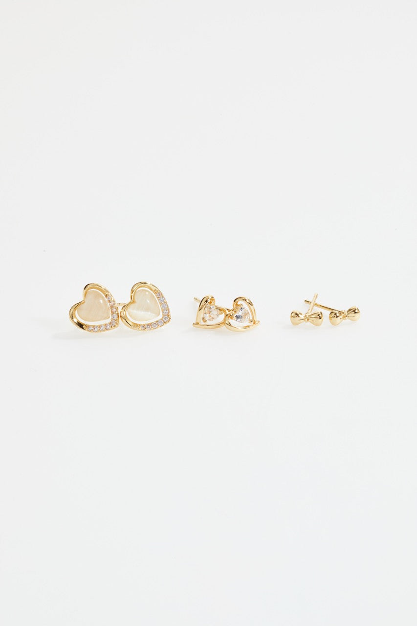 Gold-Plated Heart MOP & CZ Stud Earrings set of 3 for Women