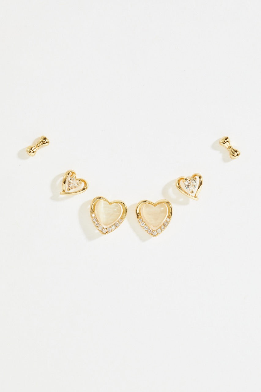 Gold-Plated Heart MOP & CZ Stud Earrings set of 3 for Women