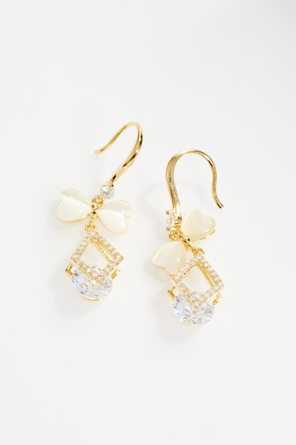Gold-Plated White Bow CZ Drop Earrings for Women