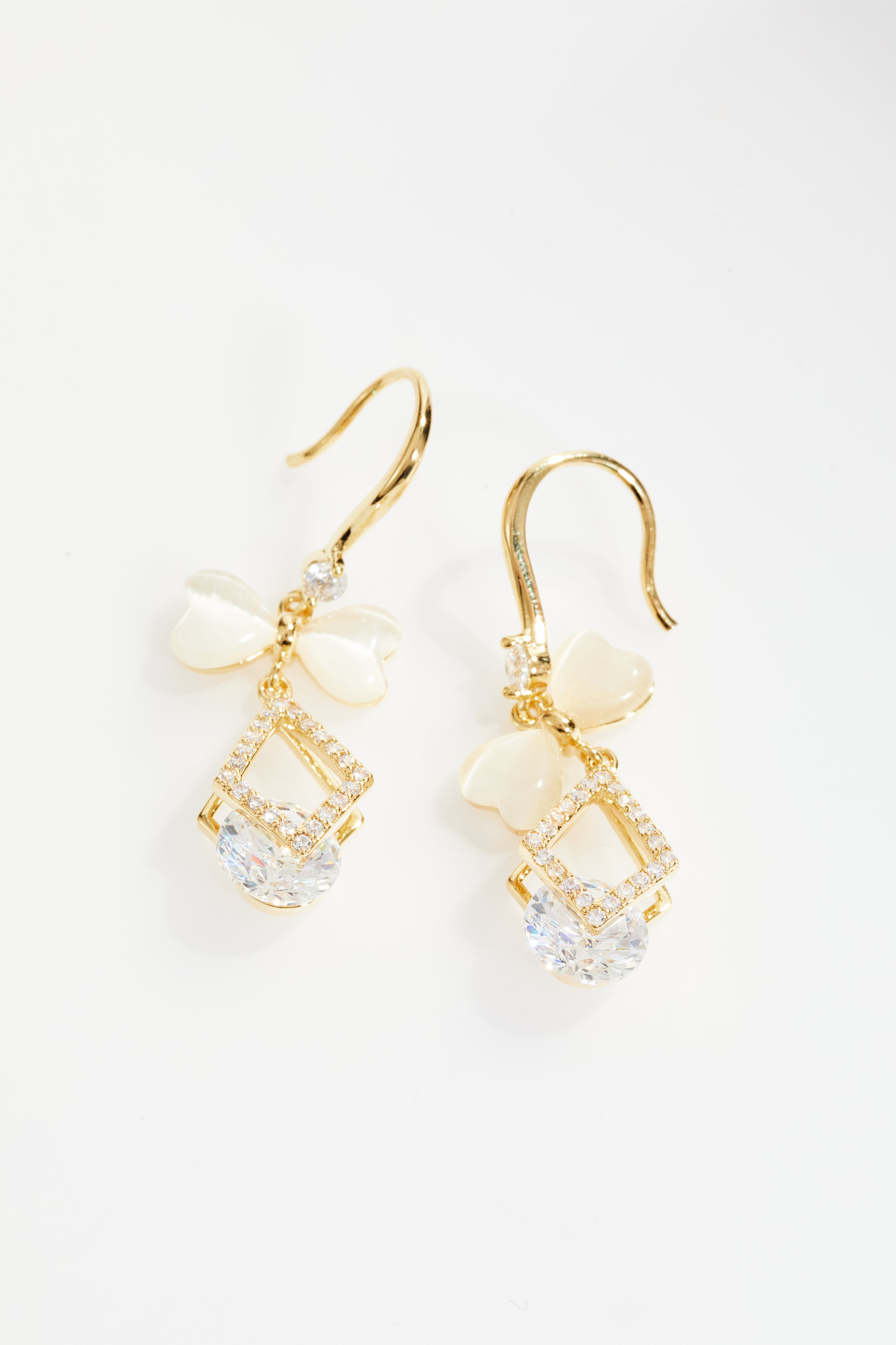 Gold-Plated White Bow CZ Drop Earrings for Women
