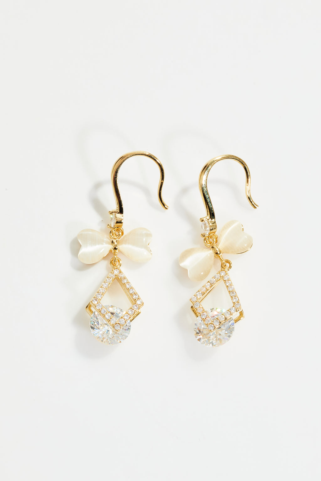 Gold-Plated White Bow CZ Drop Earrings for Women