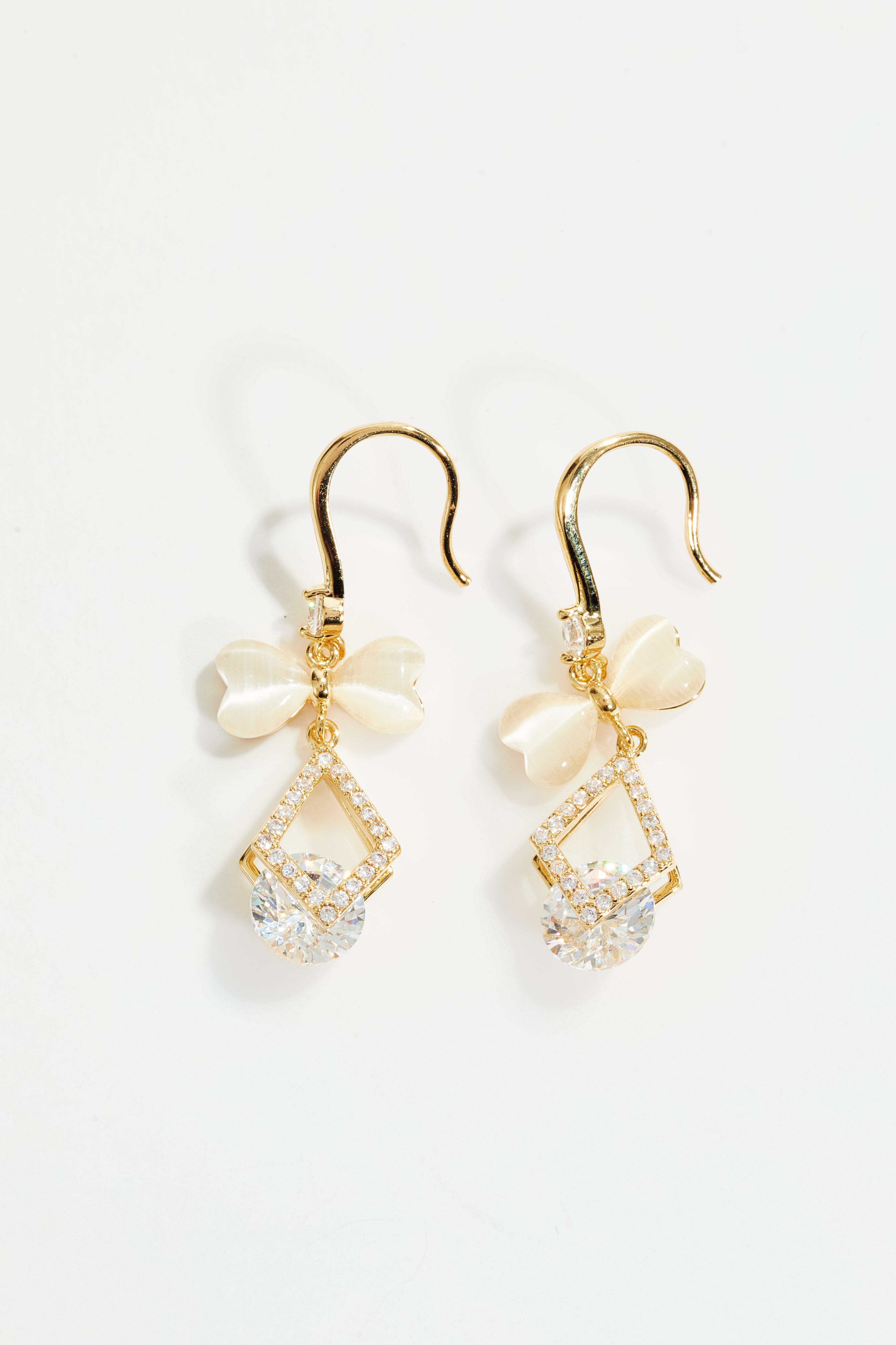Gold-Plated White Bow CZ Drop Earrings for Women
