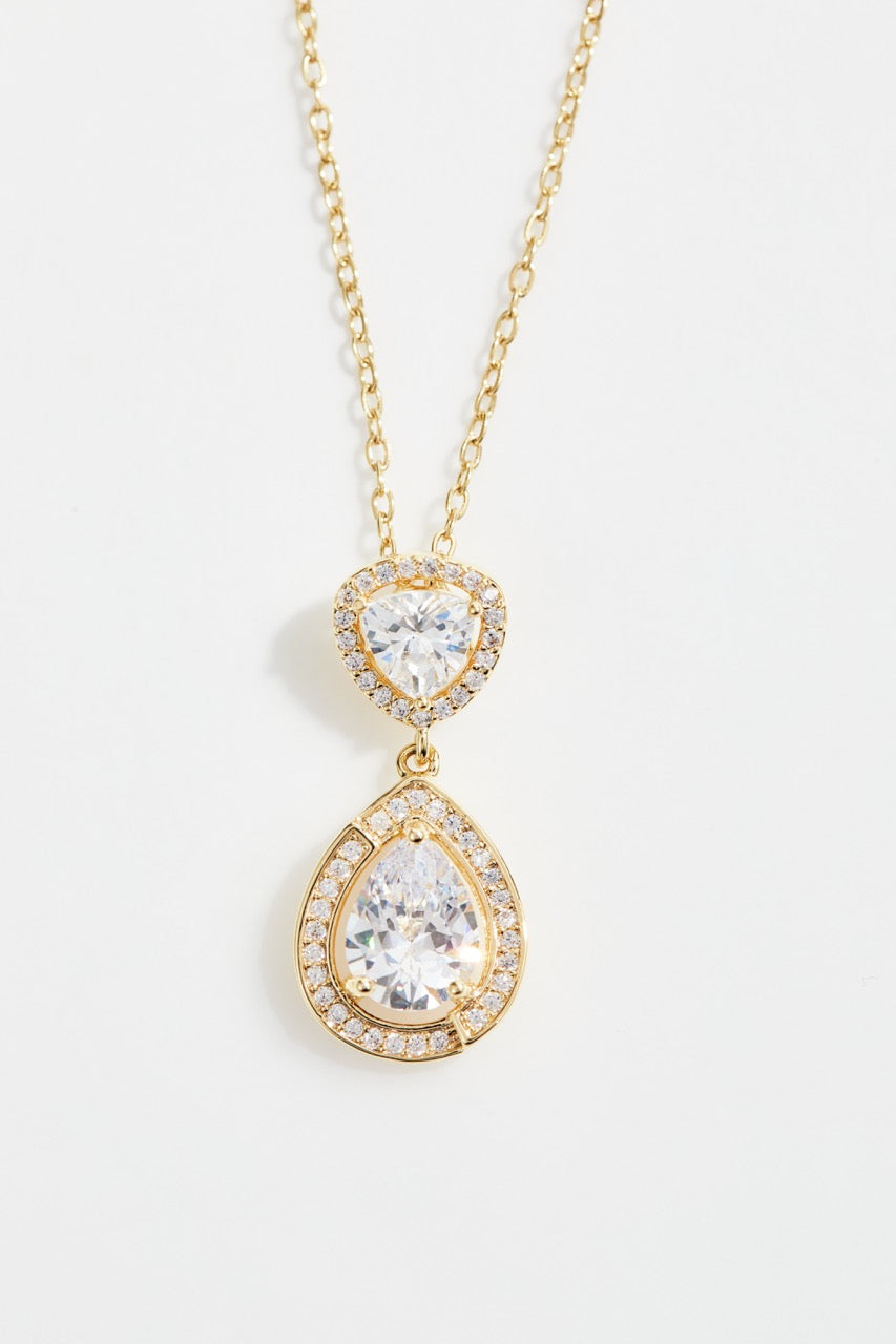 Gold-Plated Teardrop CZ Necklace & Earrings Set for Women