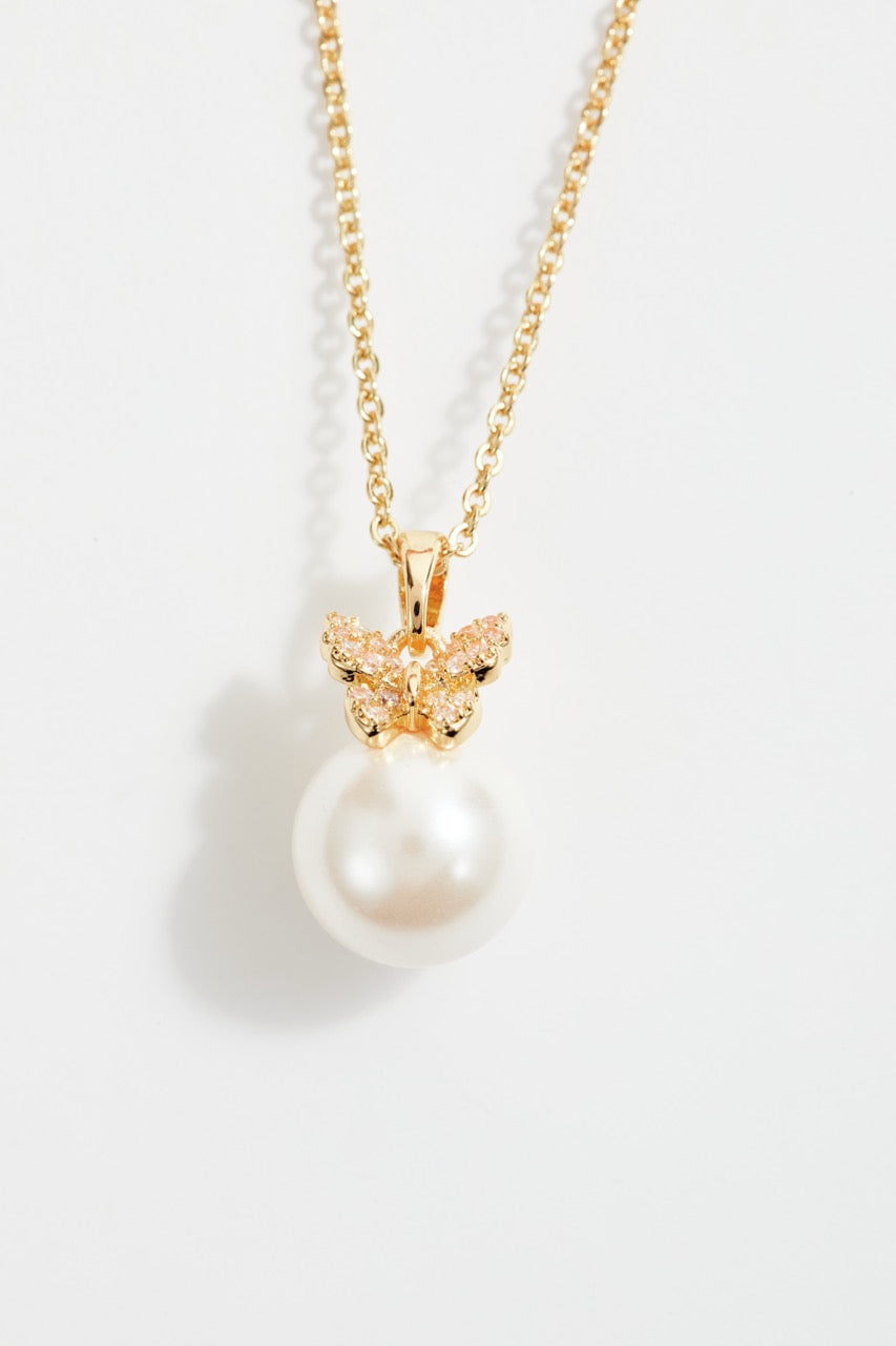 Gold-Plated Pearl & Butterfly Pendant Necklace and Earrings Set for Women