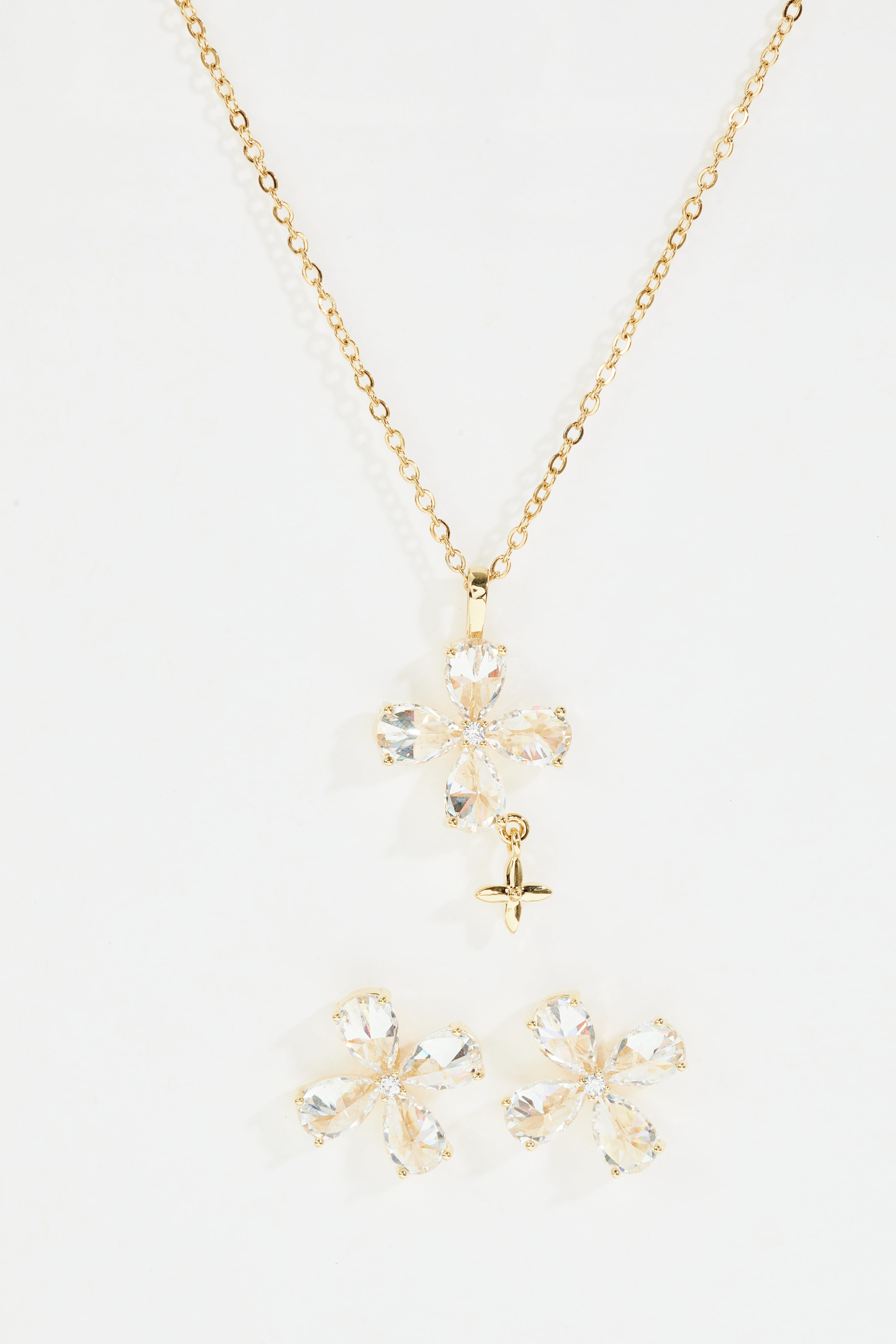 Gold-Plated Jeweled Cross Necklace & Stud Earrings Set for Women