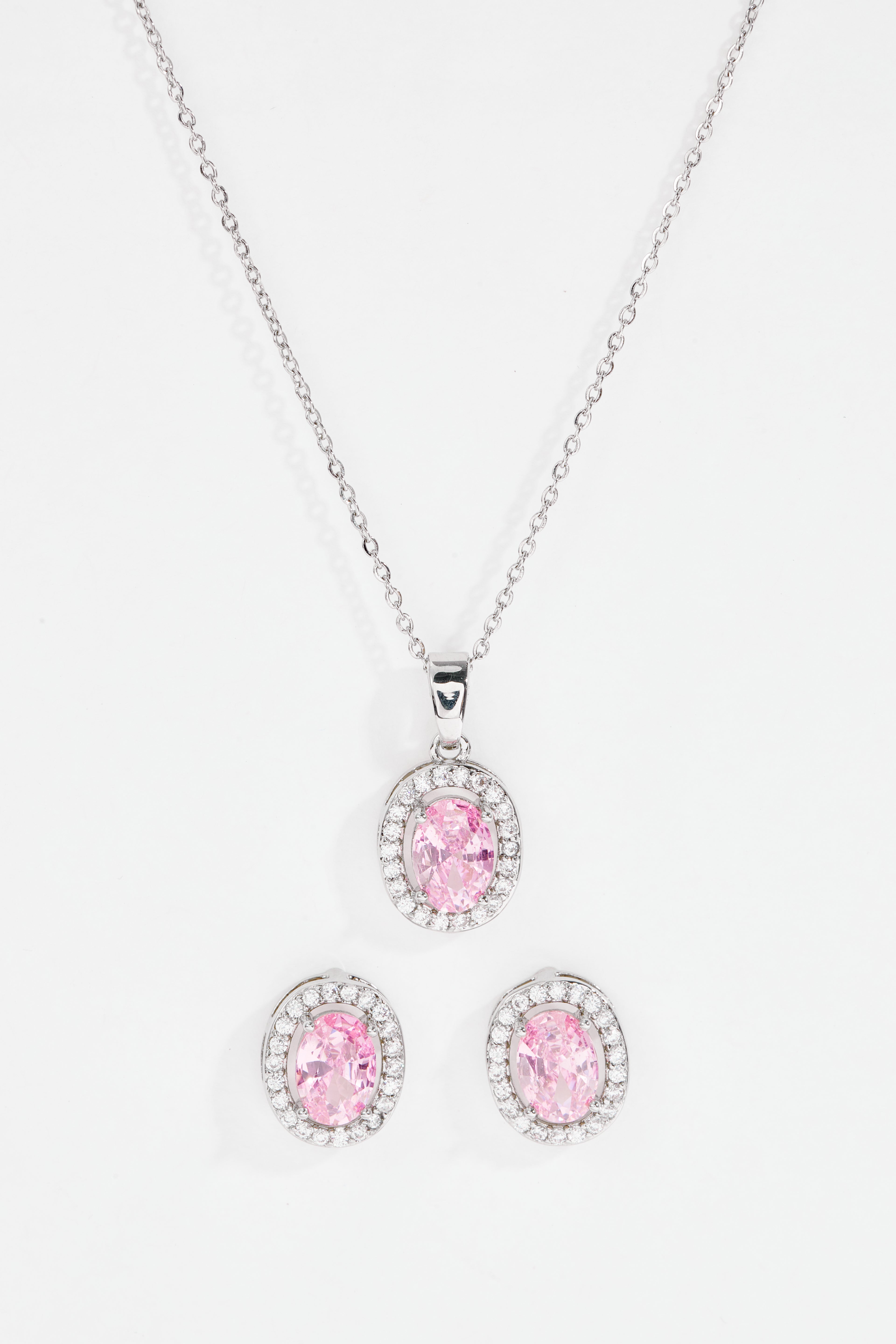 Silver-Tone Pink Oval CZ Halo Necklace & Earrings Set for Women