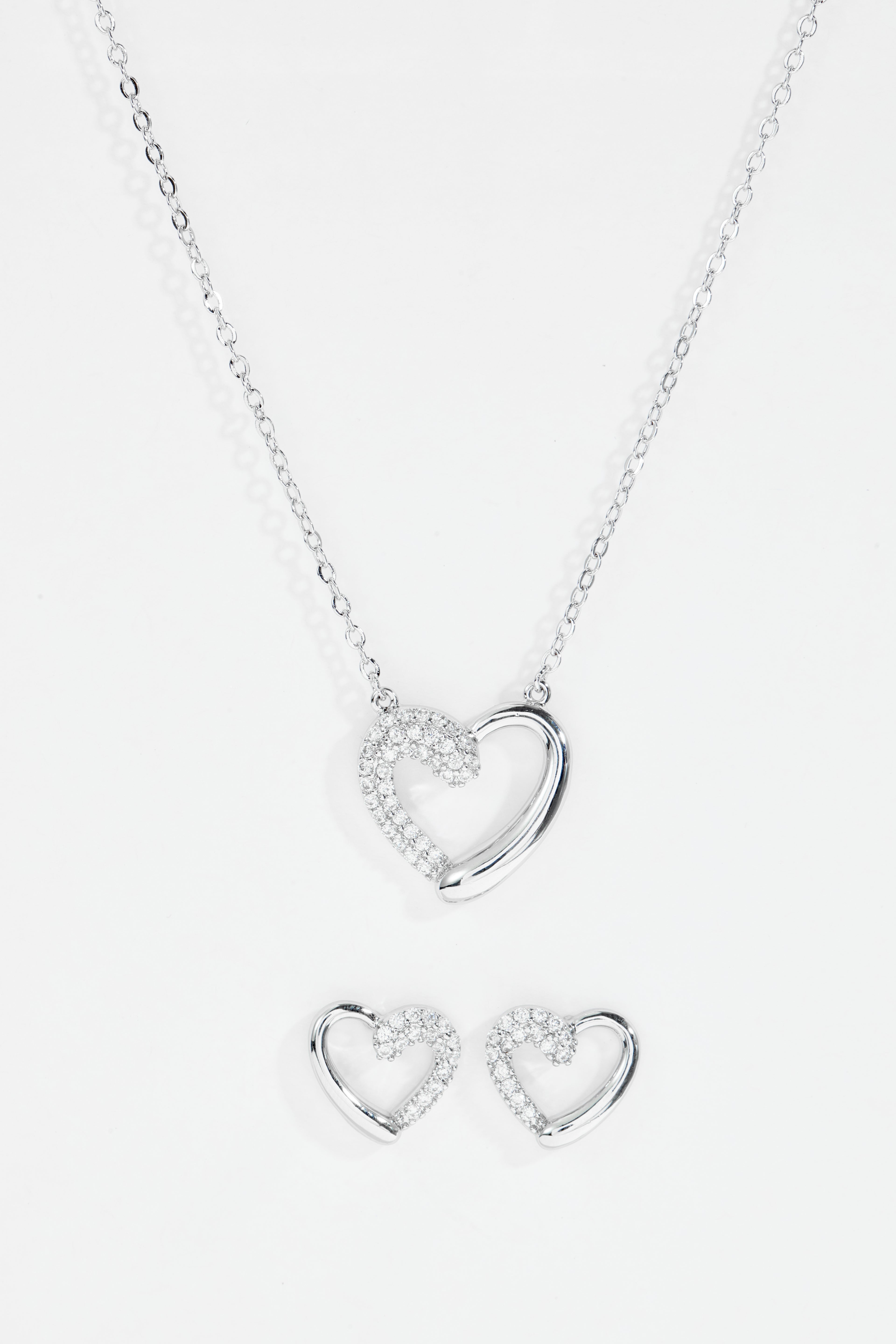 Silver-Plated Heart shaped Half CZ Necklace and Earrings set for Women
