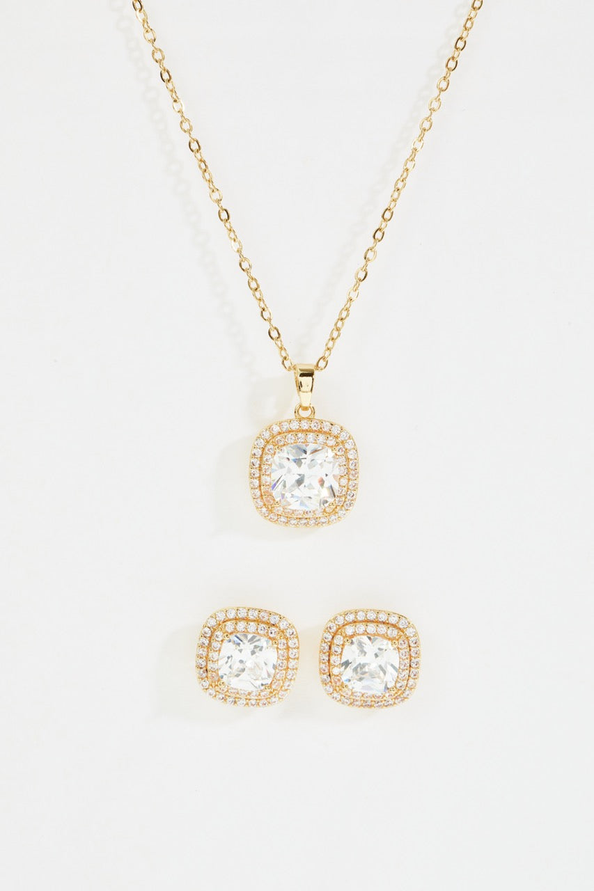 Gold-Plated square crystal necklace and earrings set,