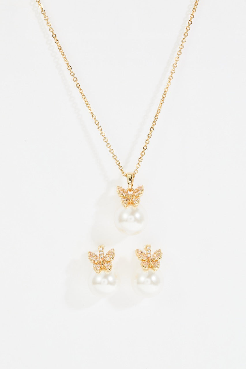 Gold-Plated Pearl & Butterfly Pendant Necklace and Earrings Set for Women