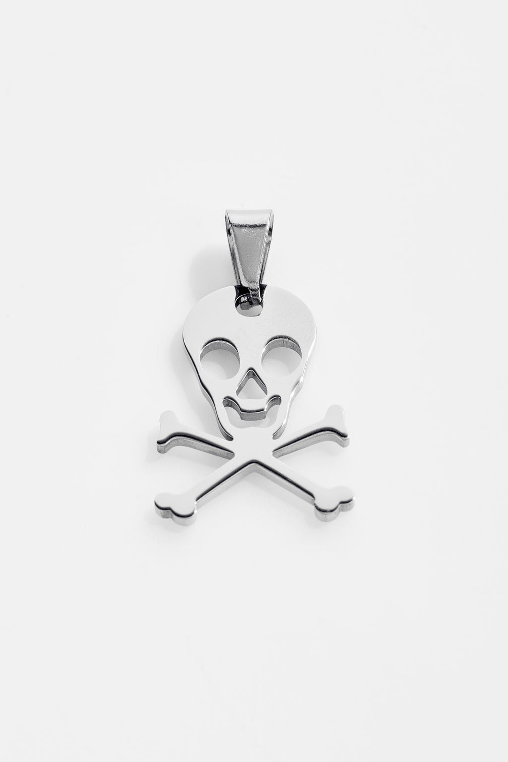 Stainless steel skull and crossbones pendant.