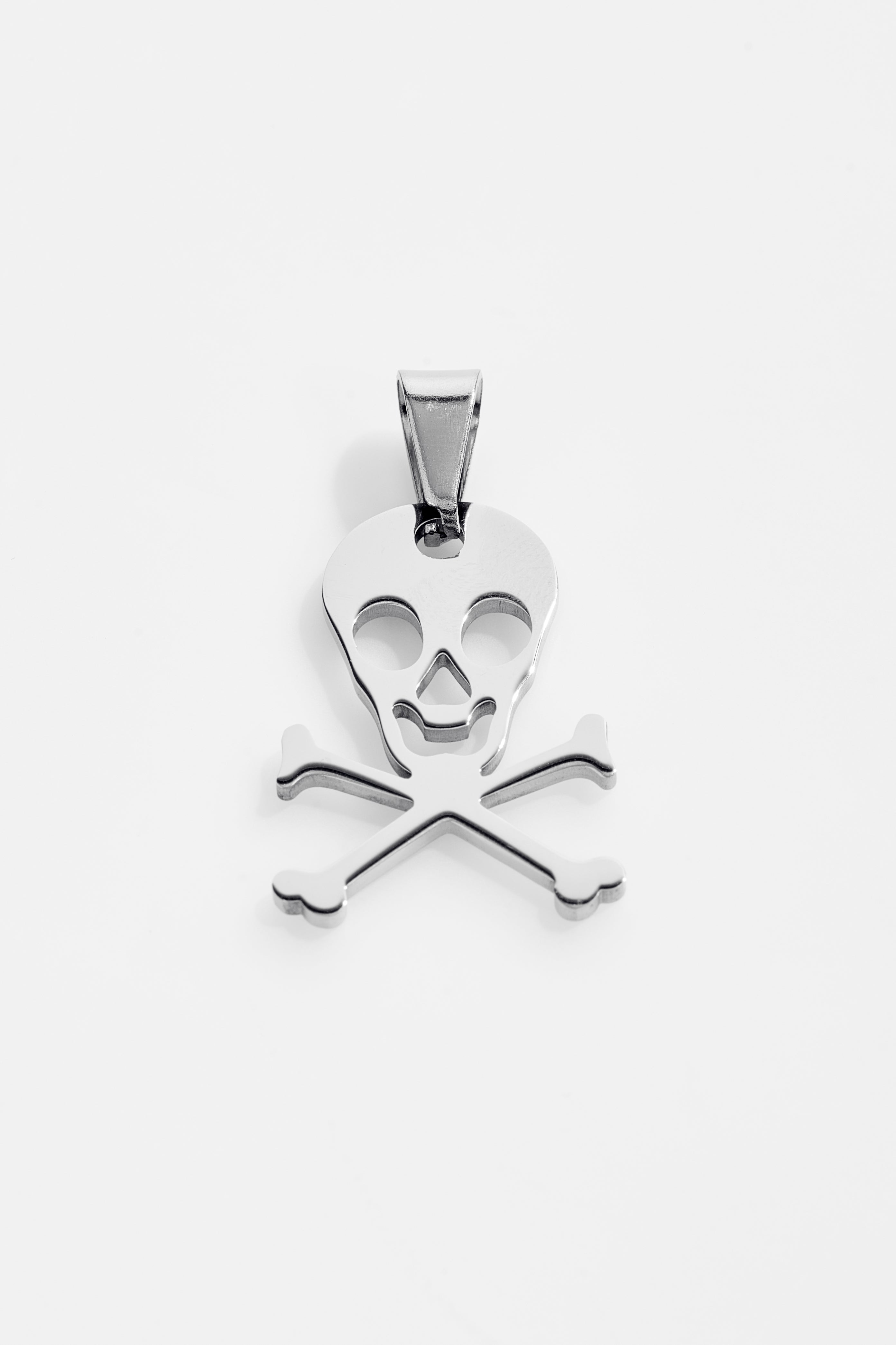 Stainless steel skull and crossbones pendant.