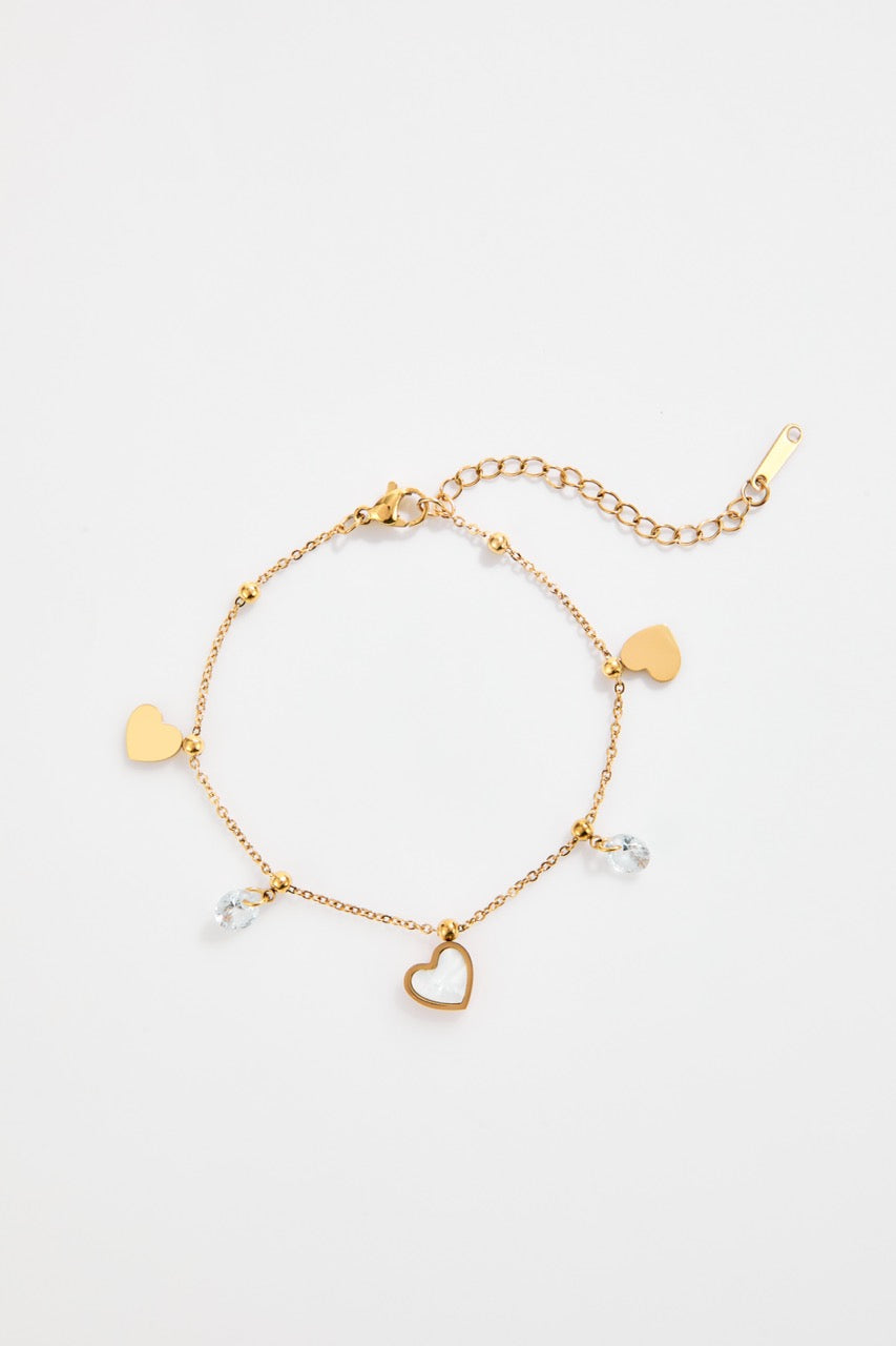 Gold-Plated Stainless Steel Heart & Crystal Charm Bracelet for Women