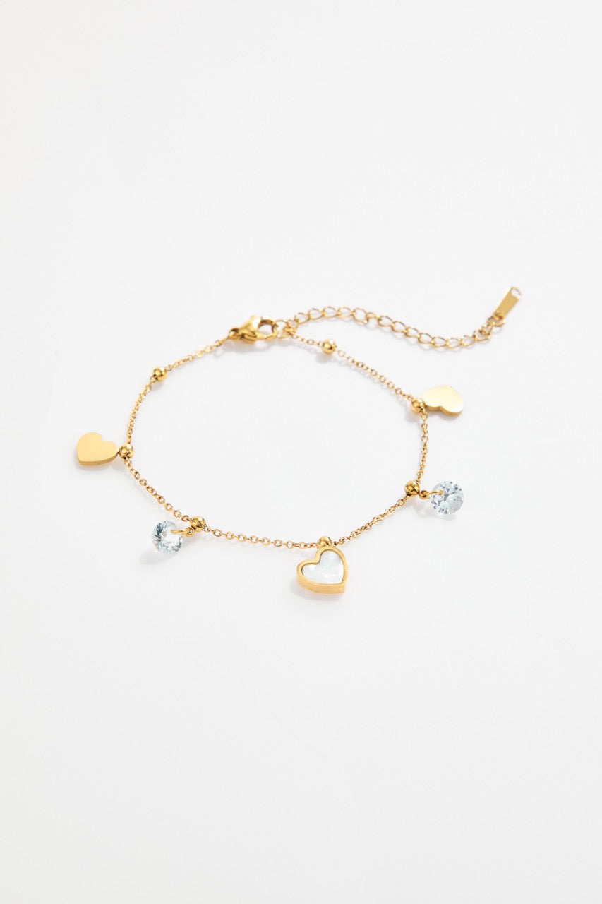 Gold-Plated Stainless Steel Heart & Crystal Charm Bracelet for Women