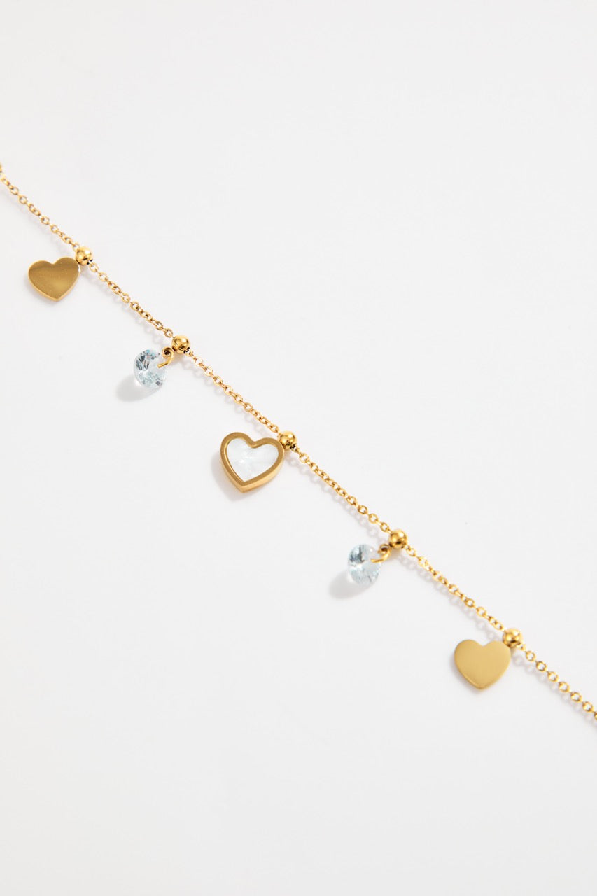 Gold-Plated Stainless Steel Heart & Crystal Charm Bracelet for Women