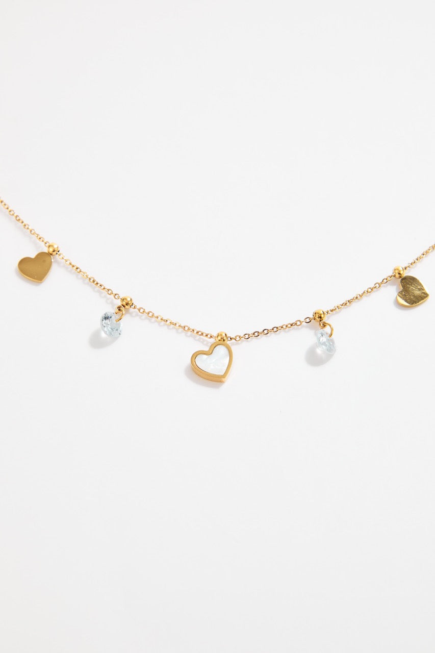 Gold-Plated Stainless Steel Heart & Crystal Charm Bracelet for Women