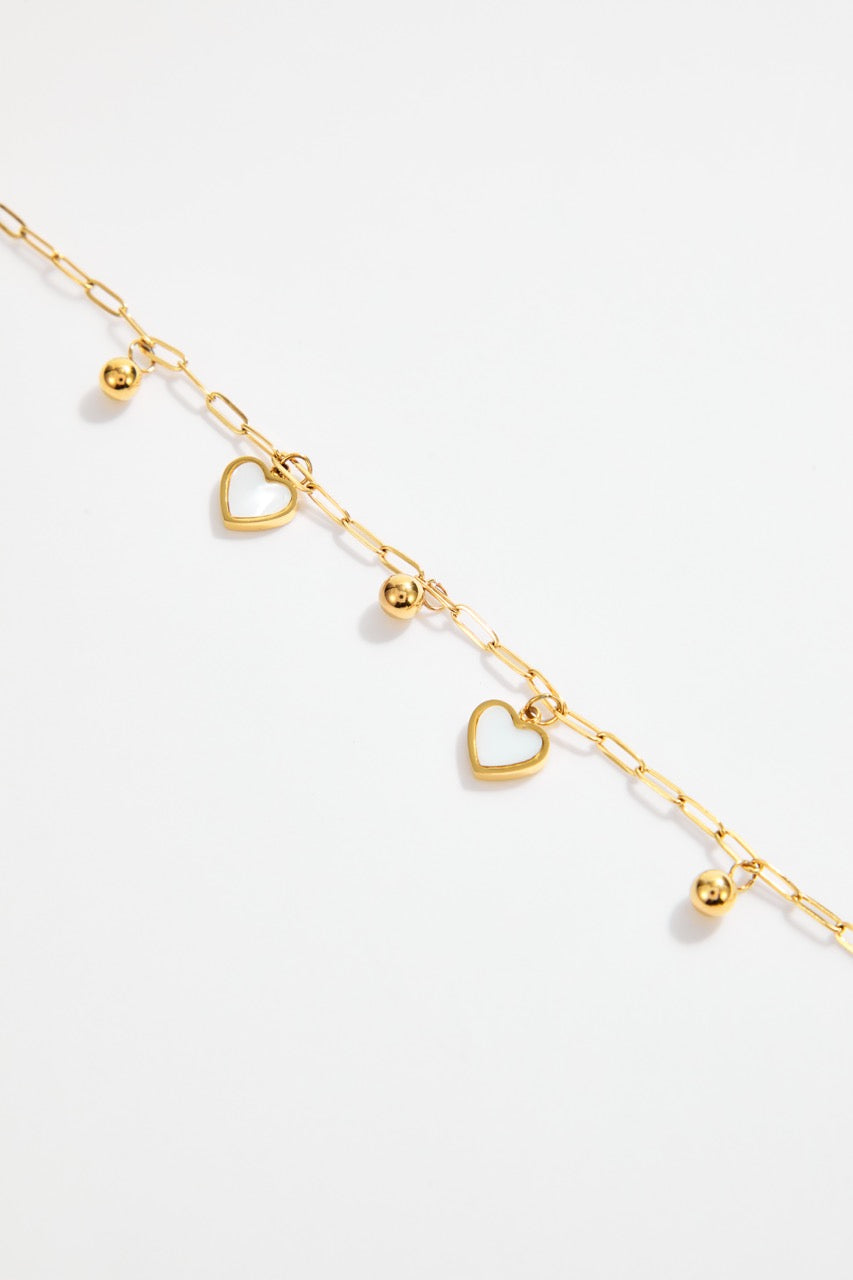 Gold-Plated \White Heart & Sphere Charm Bracelet for Women