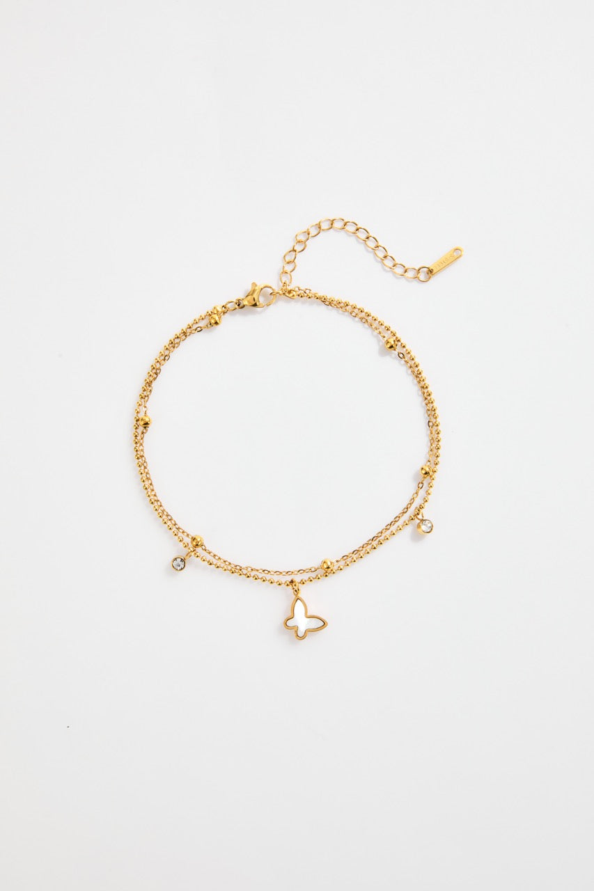 Gold-Plated Double-Chain Butterfly & Crystal Bracelet for Women