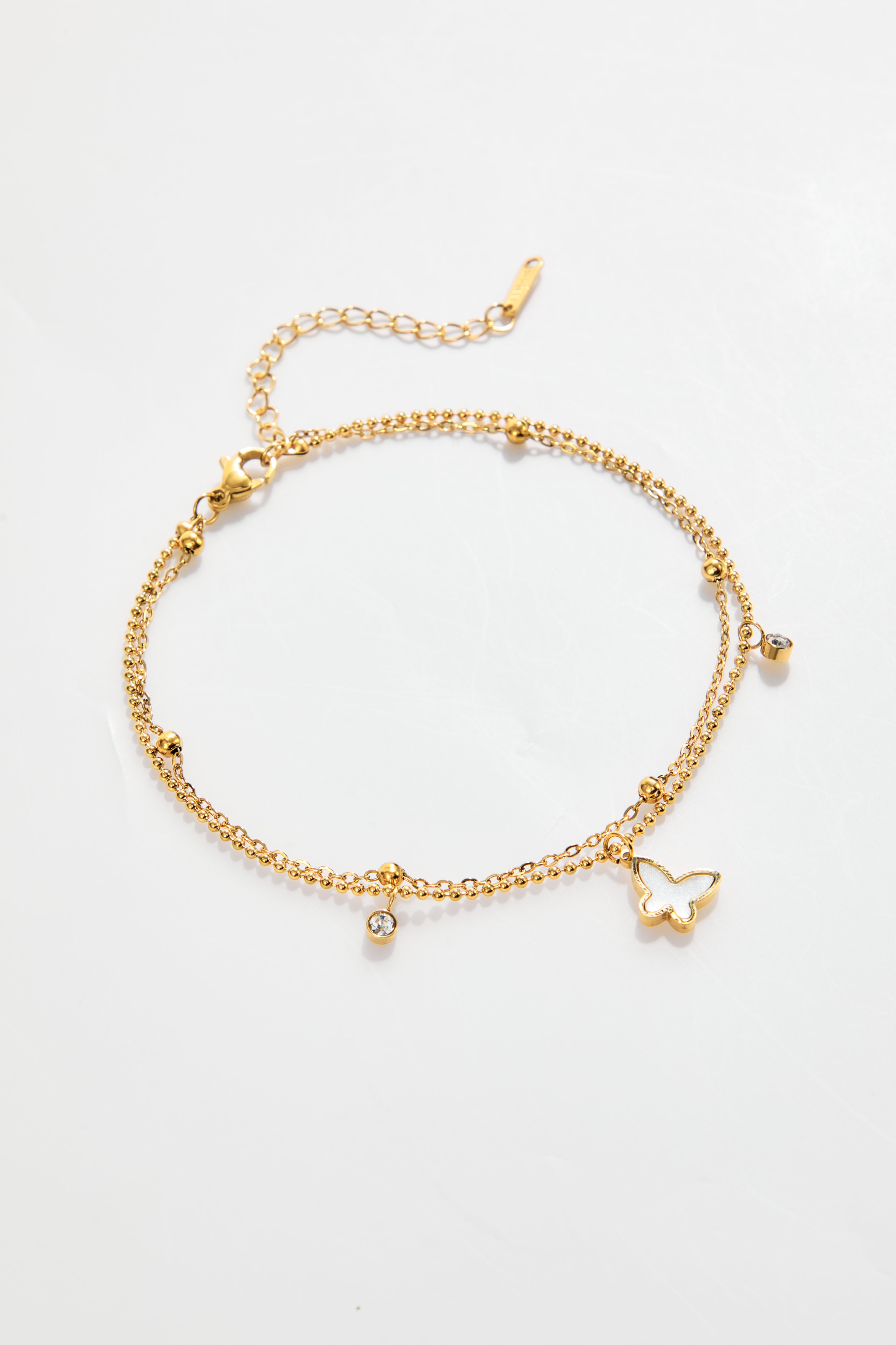Gold-Plated Double-Chain Butterfly & Crystal Bracelet for Women