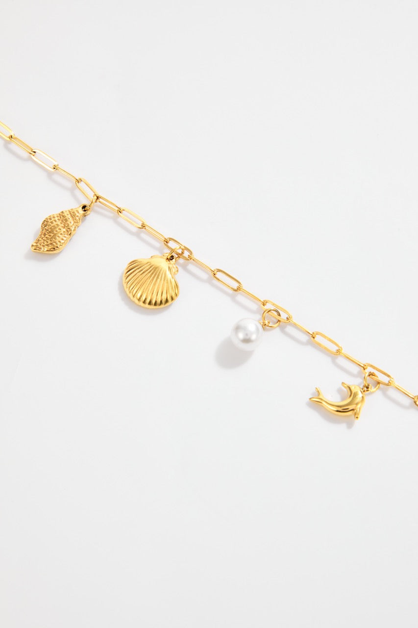 Gold-Plated Ocean Charm Bracelet with Conch, Scallop, Dolphin & Pearl for Women