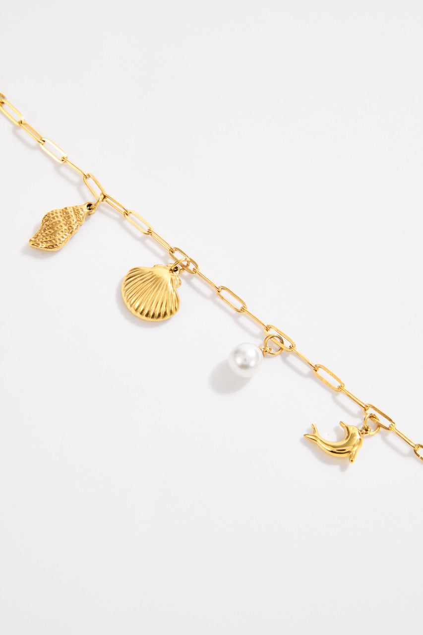 Gold-Plated Ocean Charm Bracelet with Conch, Scallop, Dolphin & Pearl for Women