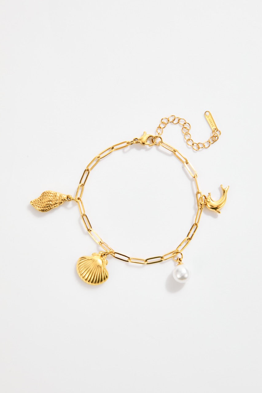 Gold-Plated Ocean Charm Bracelet with Conch, Scallop, Dolphin & Pearl for Women