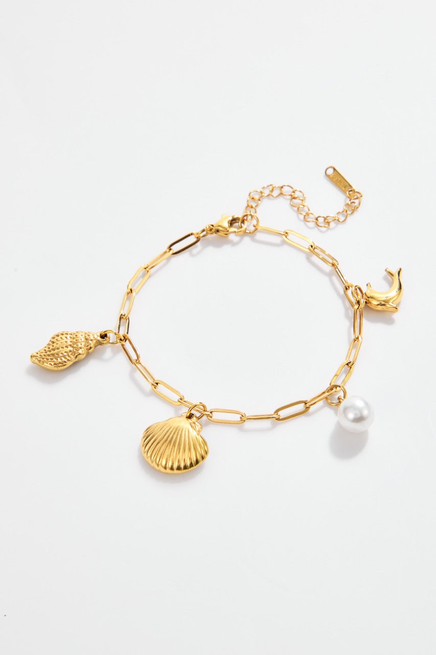 Gold-Plated Ocean Charm Bracelet with Conch, Scallop, Dolphin & Pearl for Women