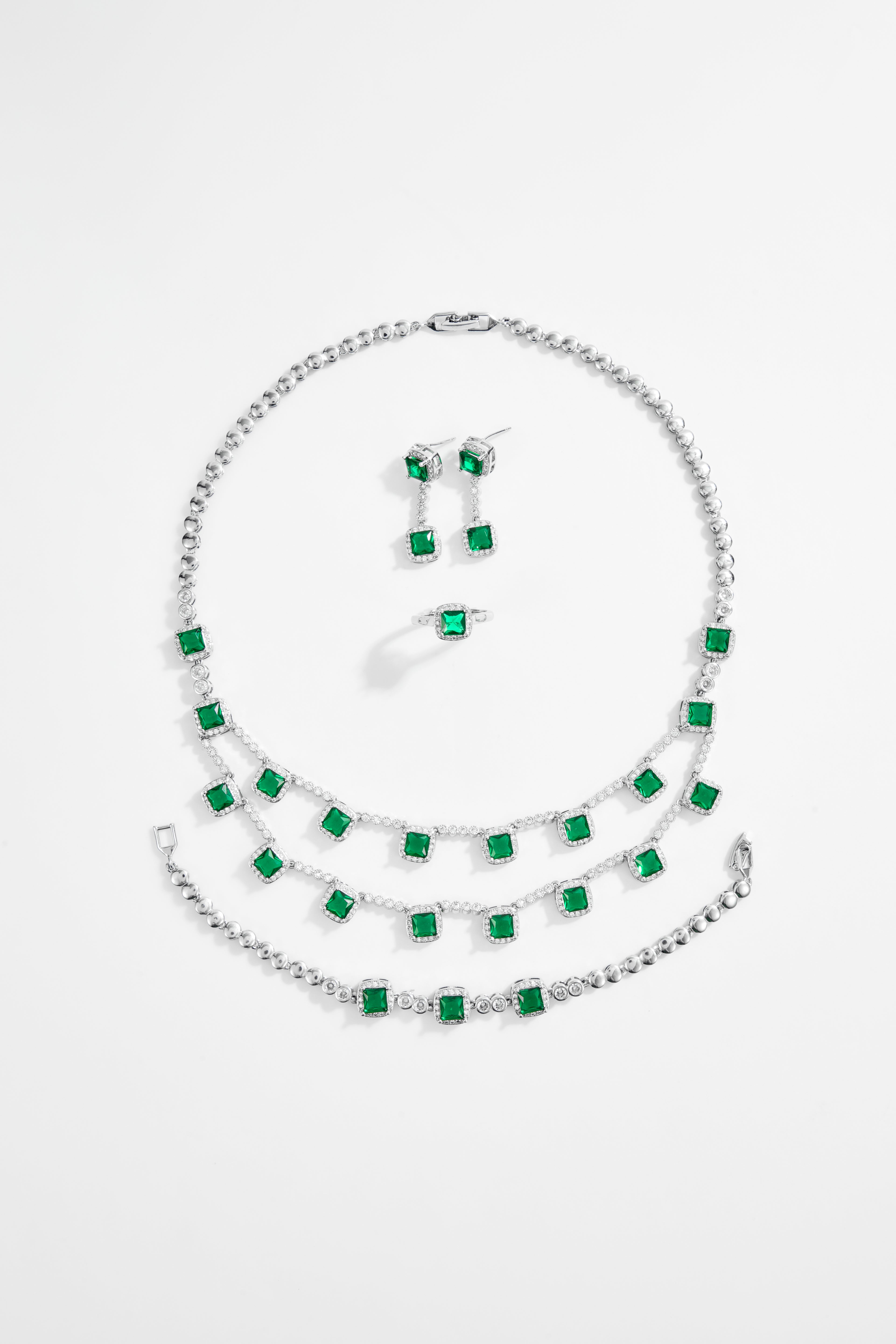 Rhodium-Plated Emerald & White CZ Layered Jewelry Set of 4