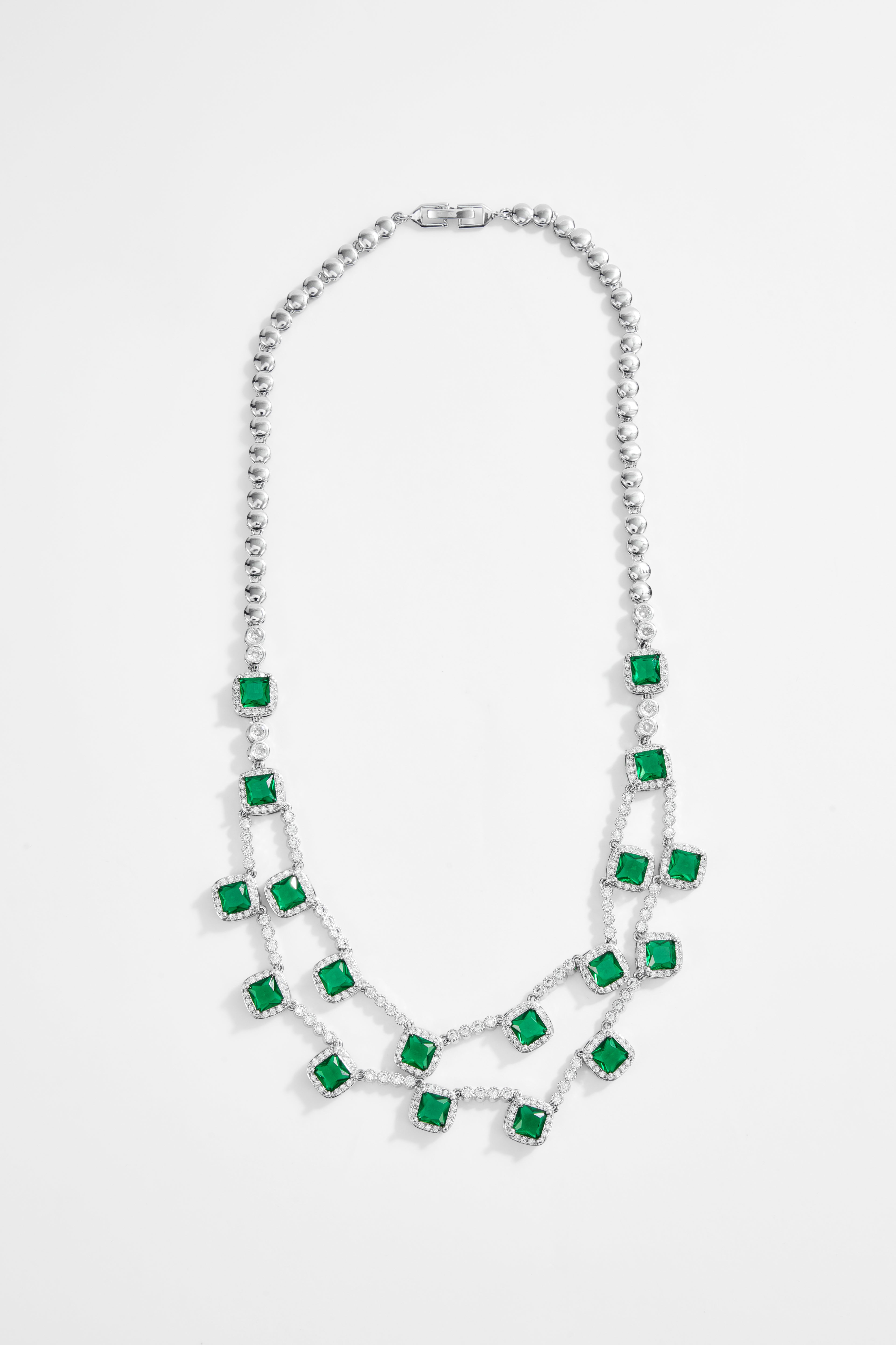 Rhodium-Plated Emerald & White CZ Layered Jewelry Set of 4