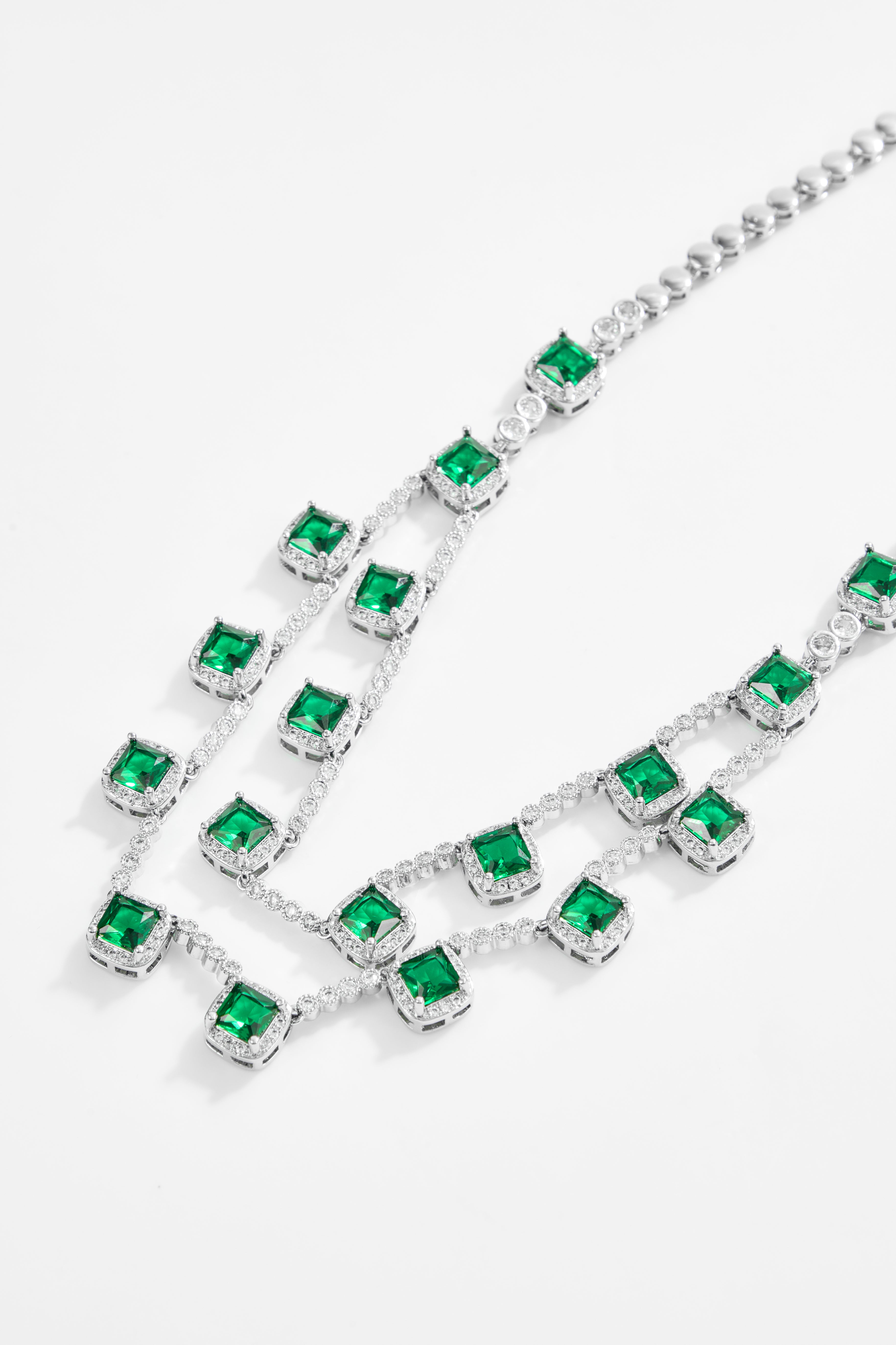 Rhodium-Plated Emerald & White CZ Layered Jewelry Set of 4