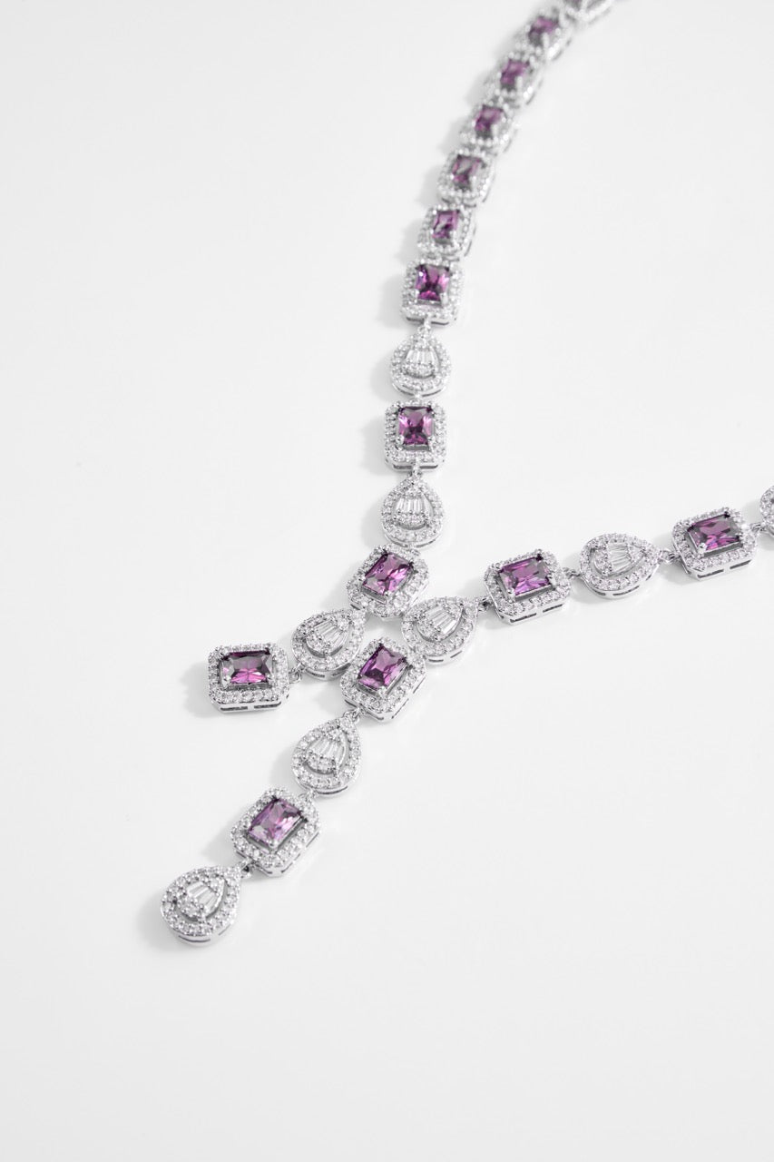 Rhodium-Plated AD Jewelry Set with Purple/Pink Stones of 4